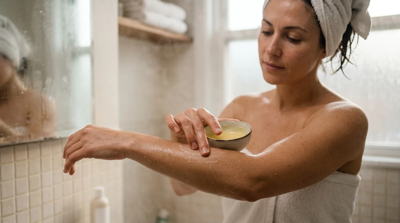 Mujer aplicando manteca de karité en el antebrazo húmedo después de la ducha