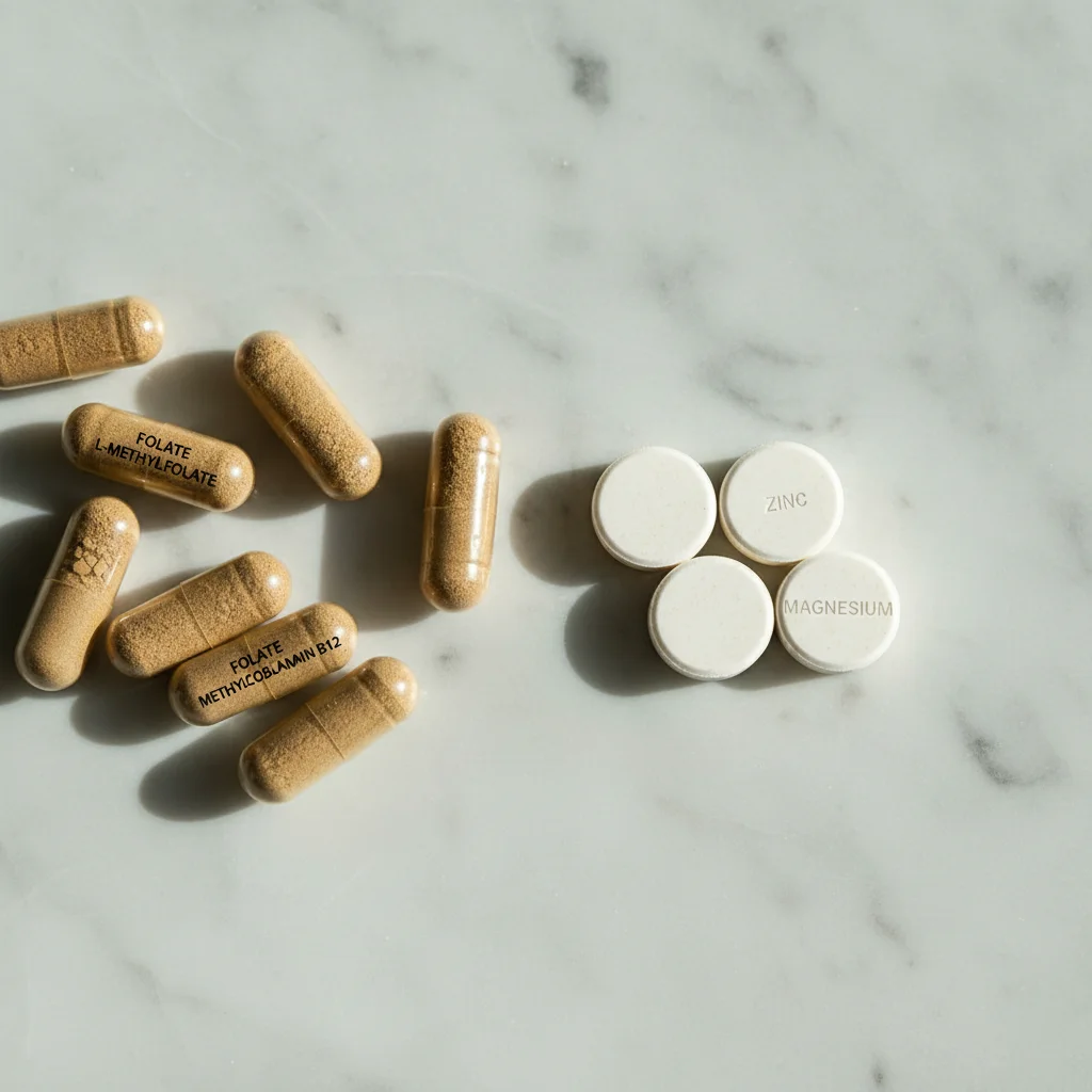 Formas químicas activas en multivitamínicos premium masculinos: L-metilfolato, metilcobalamina, zinc y magnesio