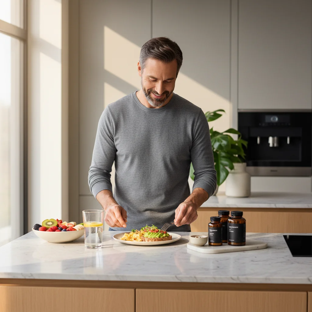 Rutina diaria saludable de hombre adulto con suplementación matutina con desayuno graso