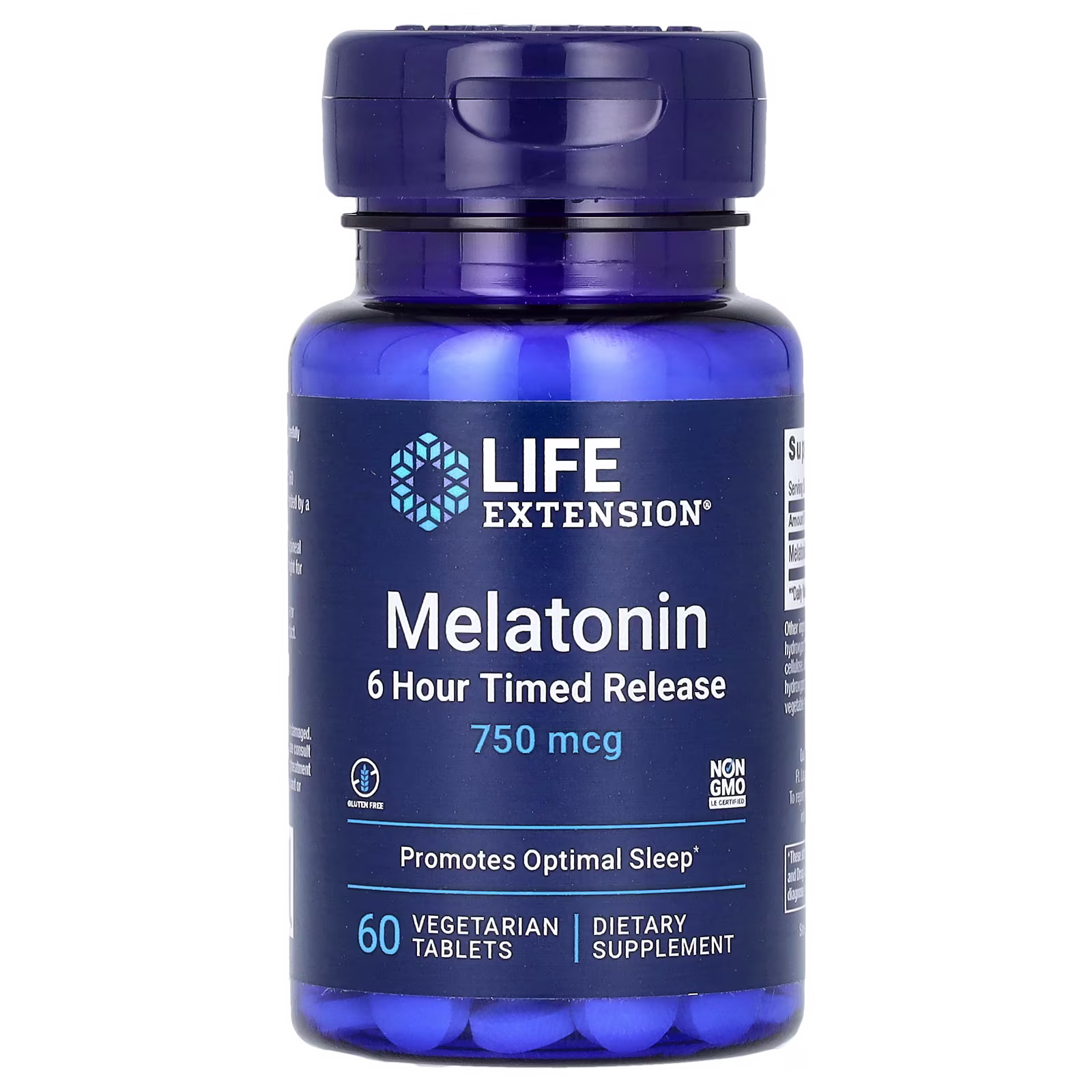 Melatonina Liberación Prolongada 6 Horas, 750 mcg, 60 tabletas vegetales, Life Extension