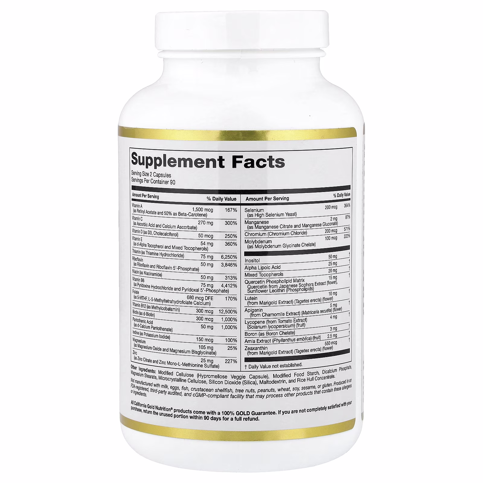 Multivitamin and Mineral with Methyl B12, vitamina C, L-metilfolato y bioquercetina, Dos cápsulas por día, 180 cápsulas vegetales, California Gold Nutrition