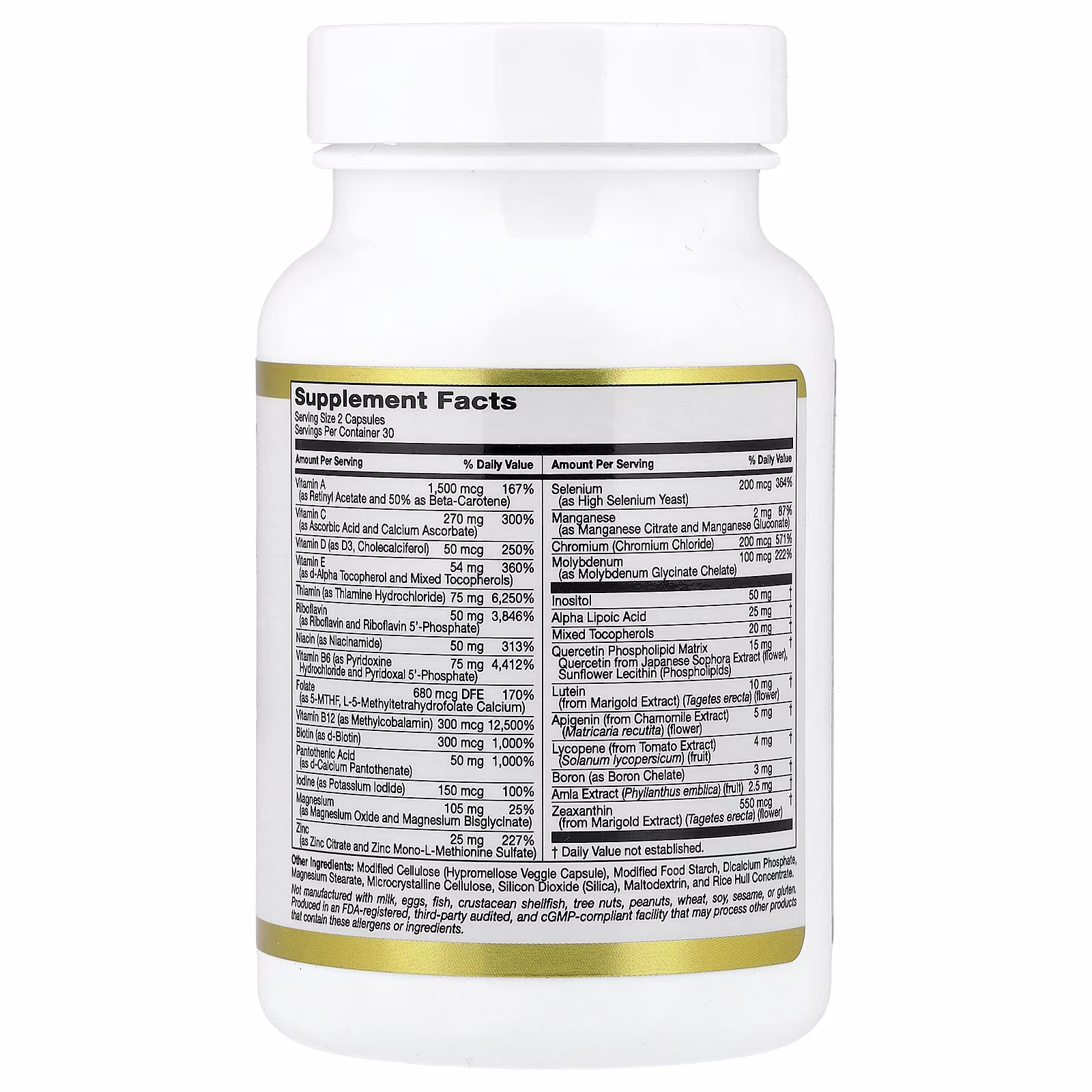 Multivitamin and Mineral with Methyl B12, vitamina C, L-metilfolato y quercetina, Dos cápsulas por día, 60 cápsulas vegetales, California Gold Nutrition