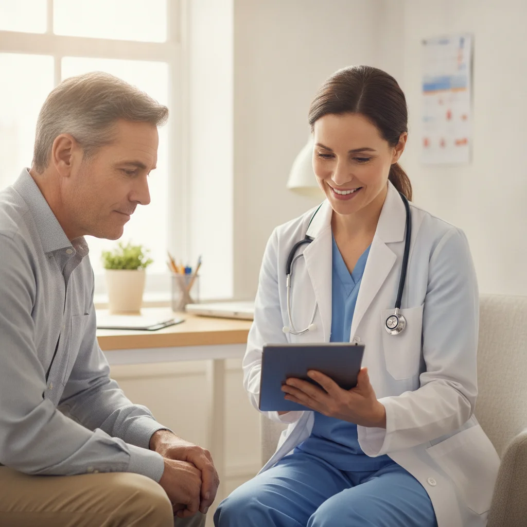 Médico explicando resultados a un paciente en consulta