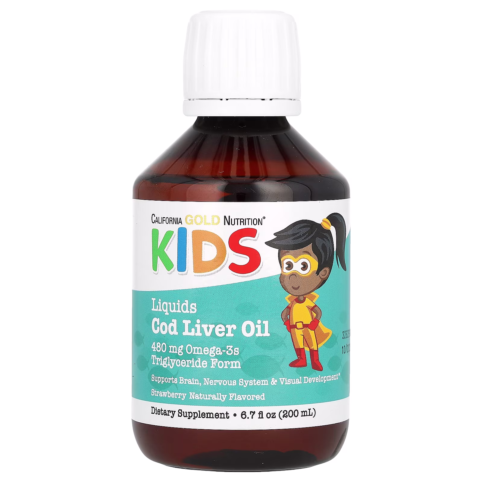 Aceite de hígado de bacalao noruego para niños, Sabor natural a fresa, 200 ml (6,7 oz. líq.), California Gold Nutrition