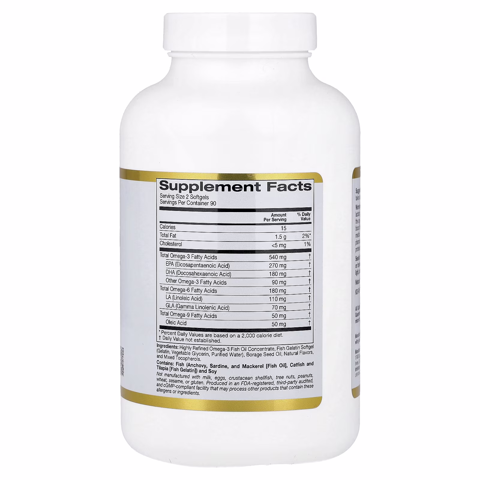 Omega -3, -6 y -9, Con aceite de pescado con omega-3 y aceite de semilla de borraja, EPA, DHA, GLA y ácido linoleico, Sabor natural a limón, 180 cápsulas blandas de gelatina de pescado, California Gold Nutrition