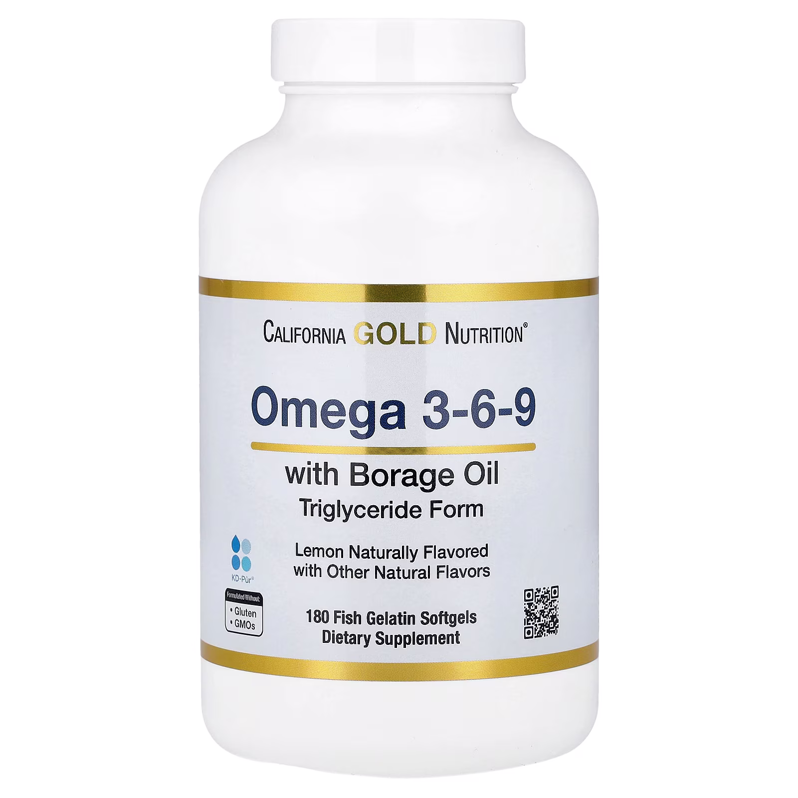 Omega -3, -6 y -9, Con aceite de pescado con omega-3 y aceite de semilla de borraja, EPA, DHA, GLA y ácido linoleico, Sabor natural a limón, 180 cápsulas blandas de gelatina de pescado, California Gold Nutrition