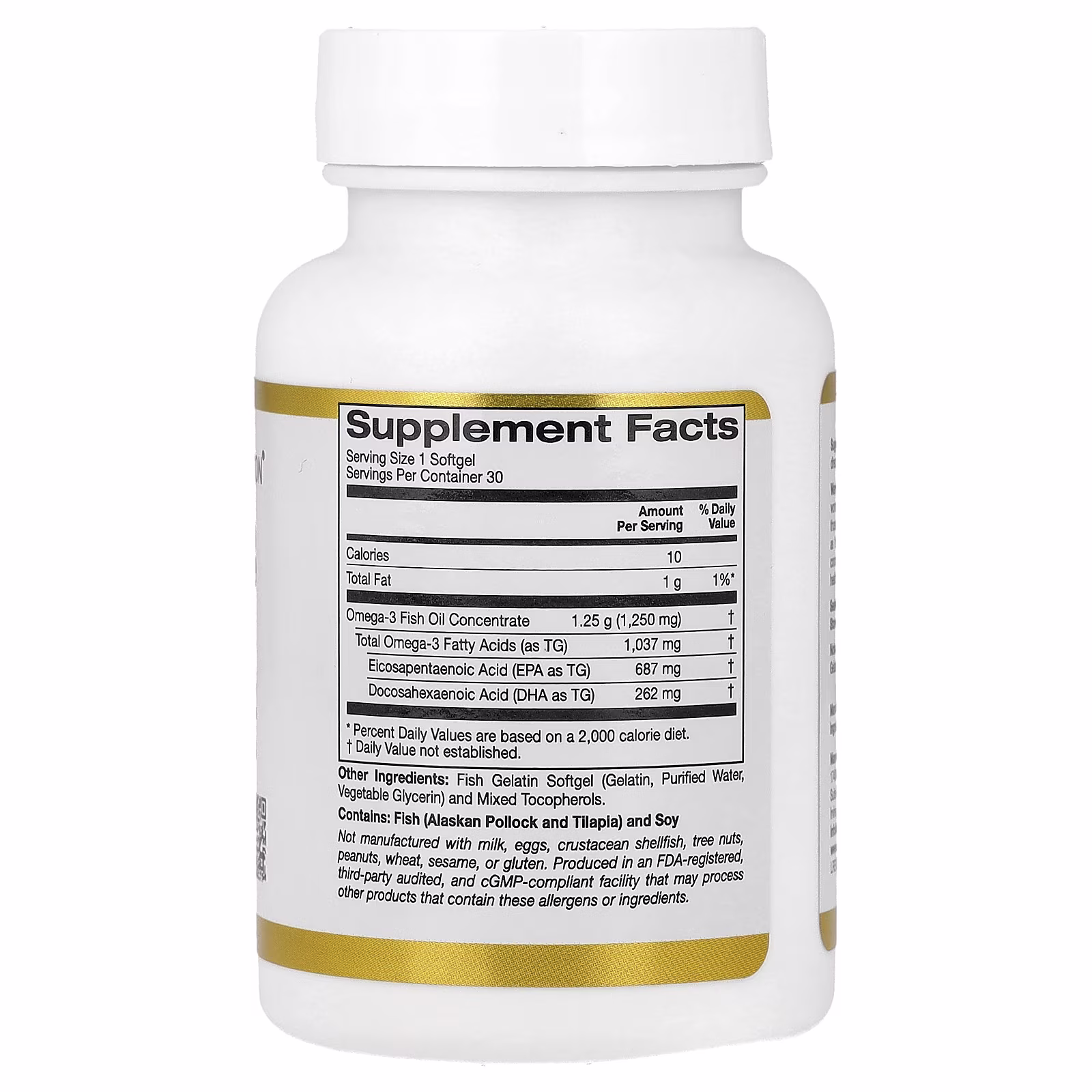 Aceite de pescado con omega-3, 30 cápsulas blandas de gelatina de pescado (1250 mg por cápsula blanda), California Gold Nutrition
