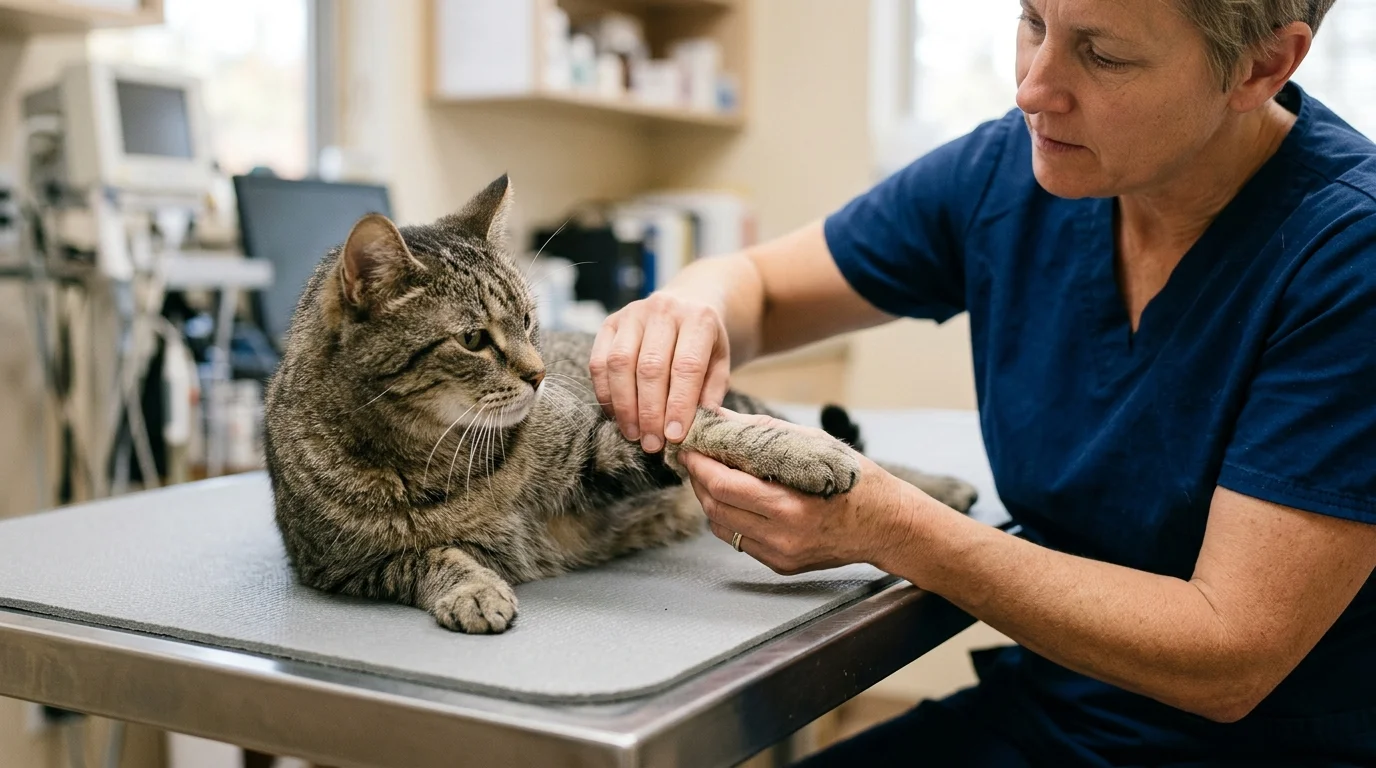 Veterinaria revisando el codo de una gata mayor con artrosis