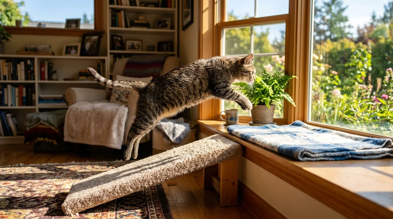 Gata mayor subiendo de nuevo a la ventana con ayuda de una rampa