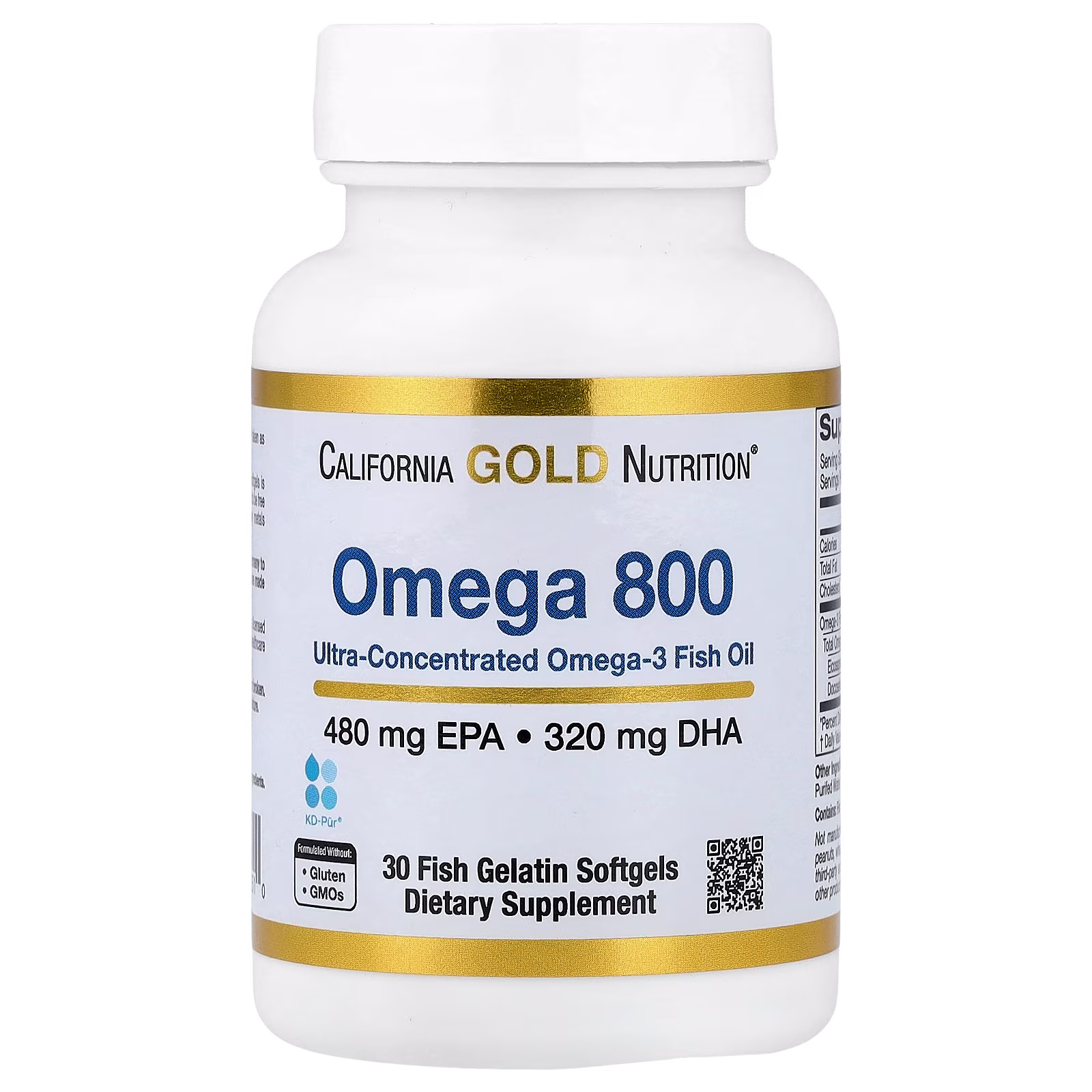 Omega 800 Ultra-Concentrated Omega-3 Fish Oil, Aceite de pescado con omega-3 ultraconcentrado, En forma de triglicéridos KD-Pür, 30 cápsulas blandas de gelatina de pescado (1000 mg por cápsula blanda), California Gold Nutrition