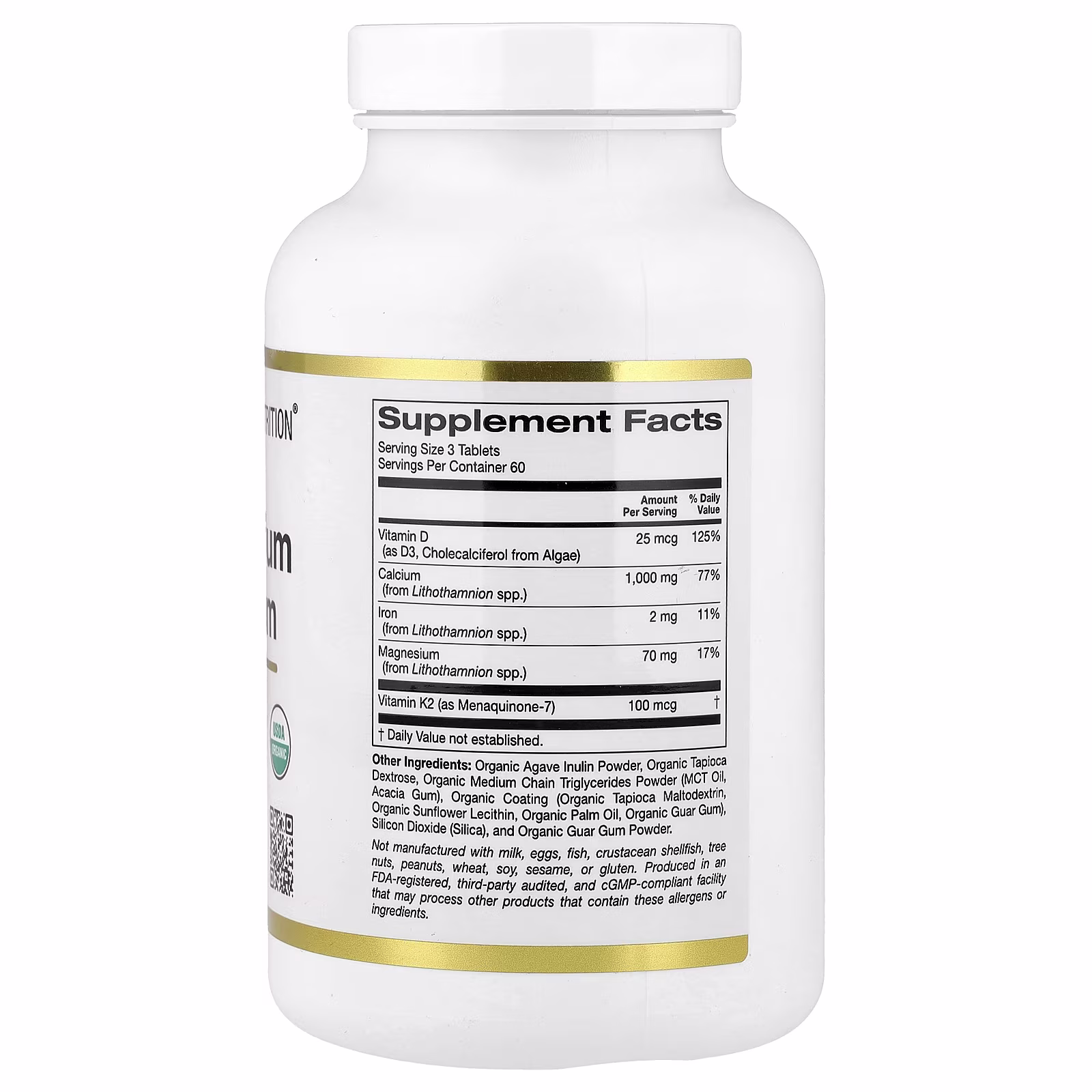 Calcio y magnesio orgánicos con vitamina D3 y vitamina K2, 180 tabletas, California Gold Nutrition