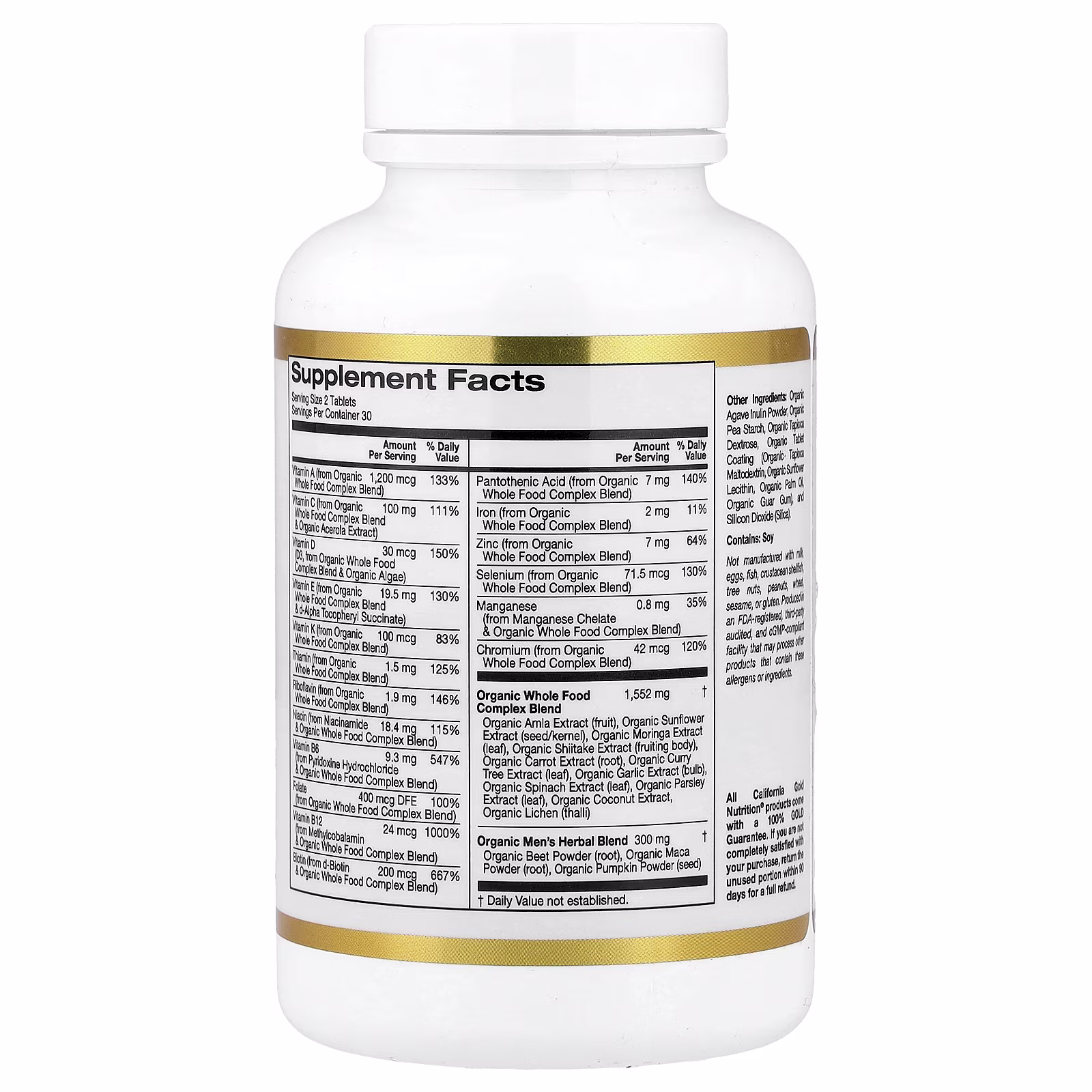 Multivitamínico orgánico para hombres mayores de 40 años, extractos orgánicos de amla, girasol, moringa y shiitake, 60 tabletas, California Gold Nutrition
