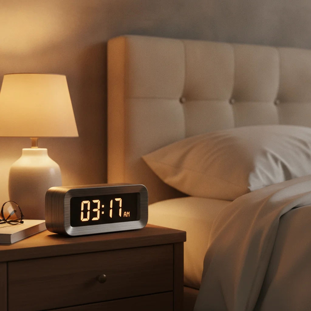 Reloj en la mesa de noche mostrando una hora avanzada de la madrugada