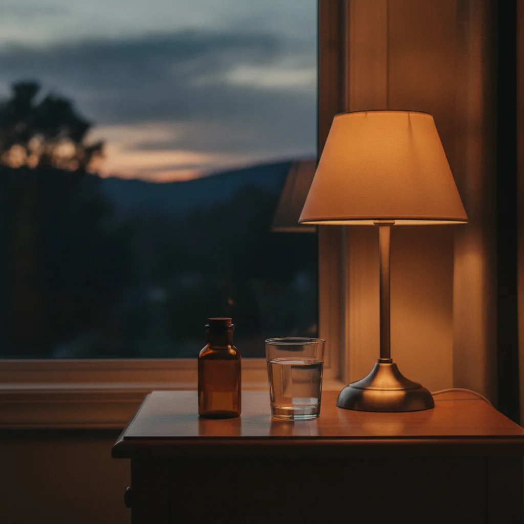Cápsula de melatonina junto a un vaso de agua en la mesa de noche al atardecer