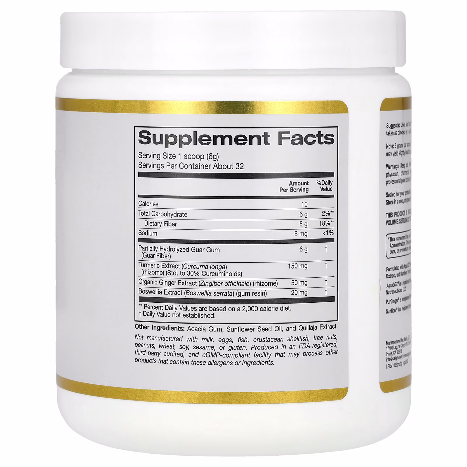 Fibra prebiótica con extractos de cúrcuma, jengibre orgánico y Boswellia, 189 g (6,7 oz), California Gold Nutrition