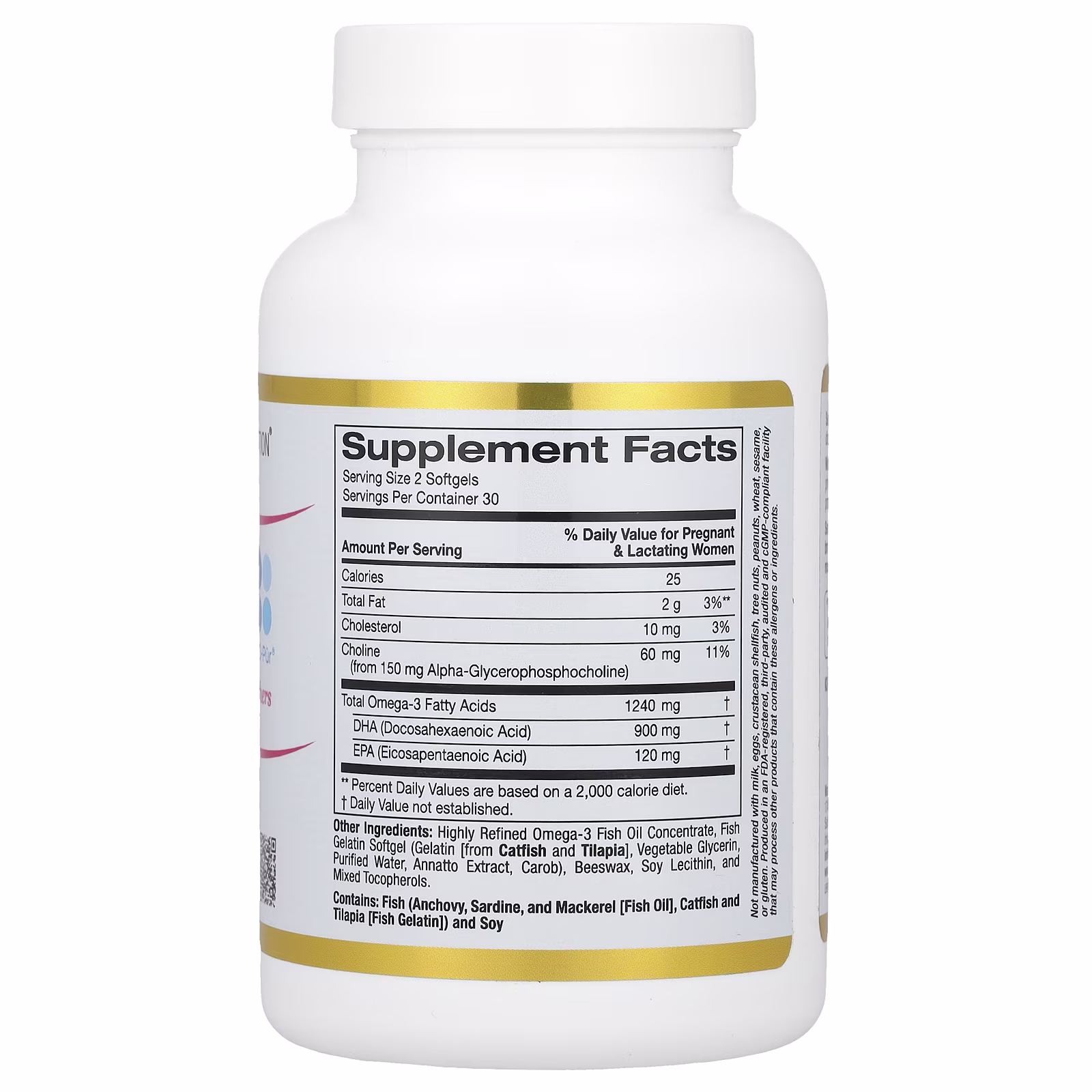 Suplemento prenatal con DHA, Ácidos grasos omega-3 DHA y EPA más colina para mujeres embarazadas y madres lactantes, 60 cápsulas blandas de gelatina de pescado, California Gold Nutrition