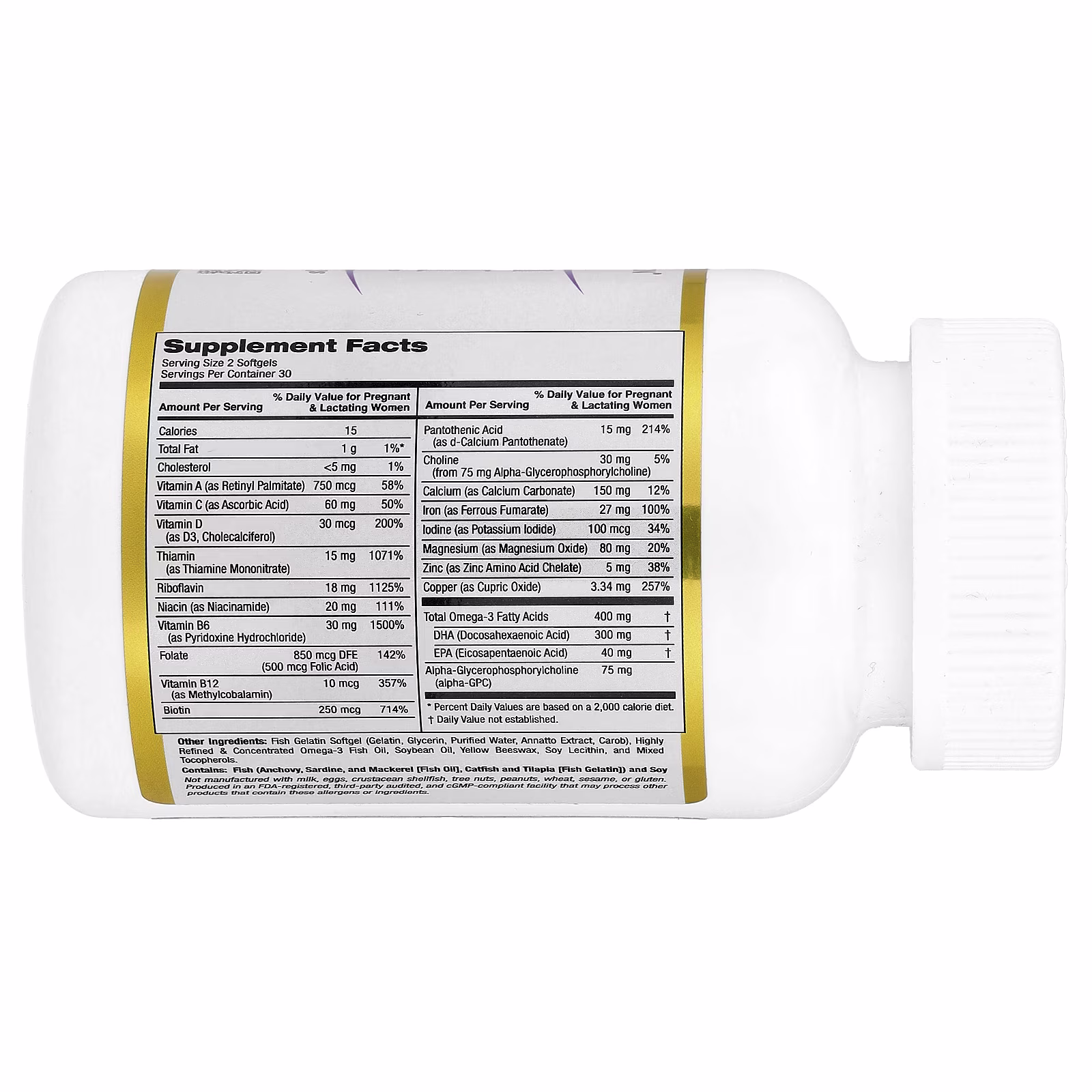 Suplemento multivitamínico prenatal con alfa-GPC y omega-3, 60 cápsulas blandas de gelatina de pescado, California Gold Nutrition