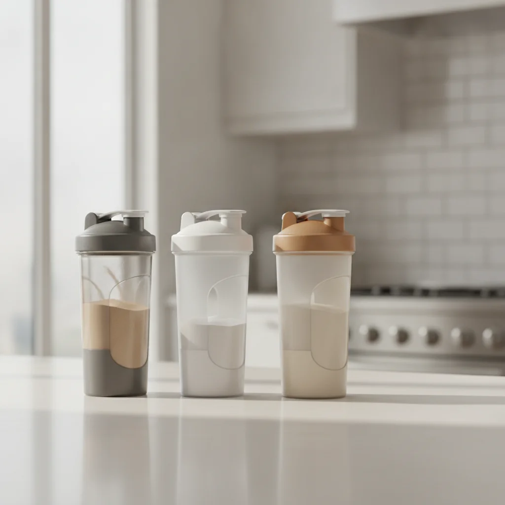 Tres formas distintas de proteína en polvo preparadas para comparar digestión y sabor