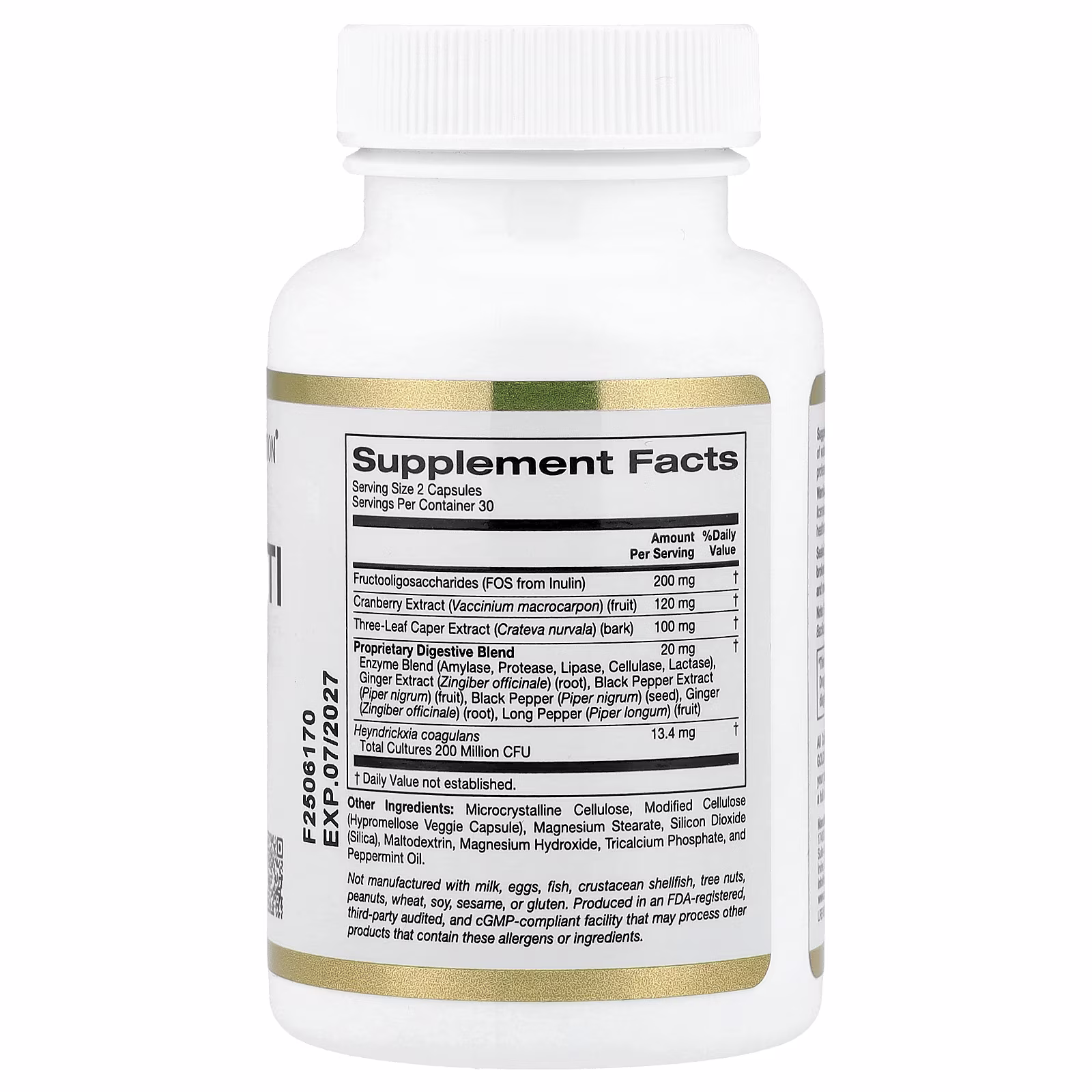 California Gold Nutrition, Refuerzo probiótico para infecciones urinarias (ITU) con fructooligosacáridos, extractos de arándano rojo y alcaparra, y mezcla digestiva exclusiva, 60 cápsulas vegetales