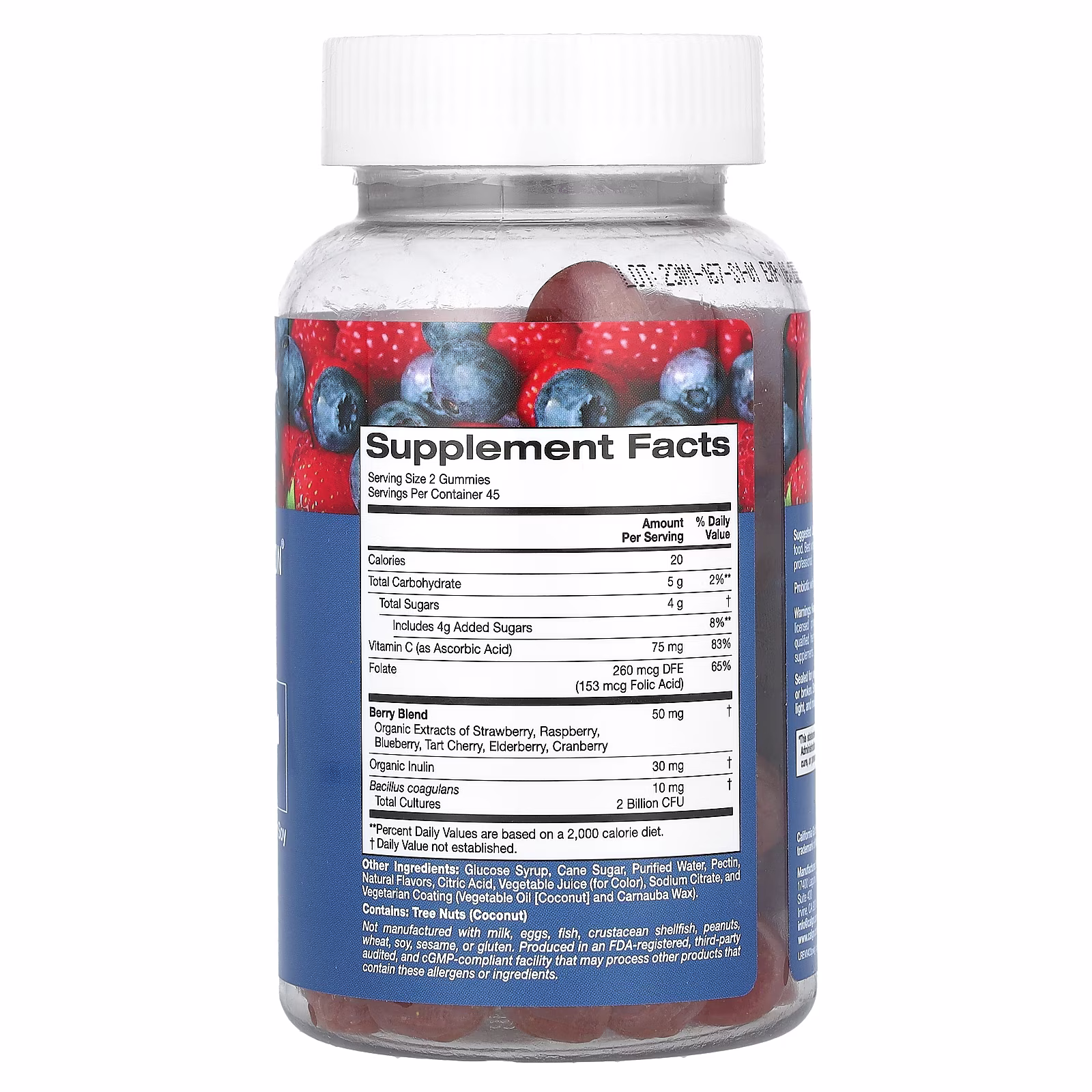Gomitas de probióticos e inulina con mezcla de extractos de bayas, folato, vitamina C e inulina orgánica, Sabor natural a bayas mixtas, 90 gomitas vegetales, California Gold Nutrition