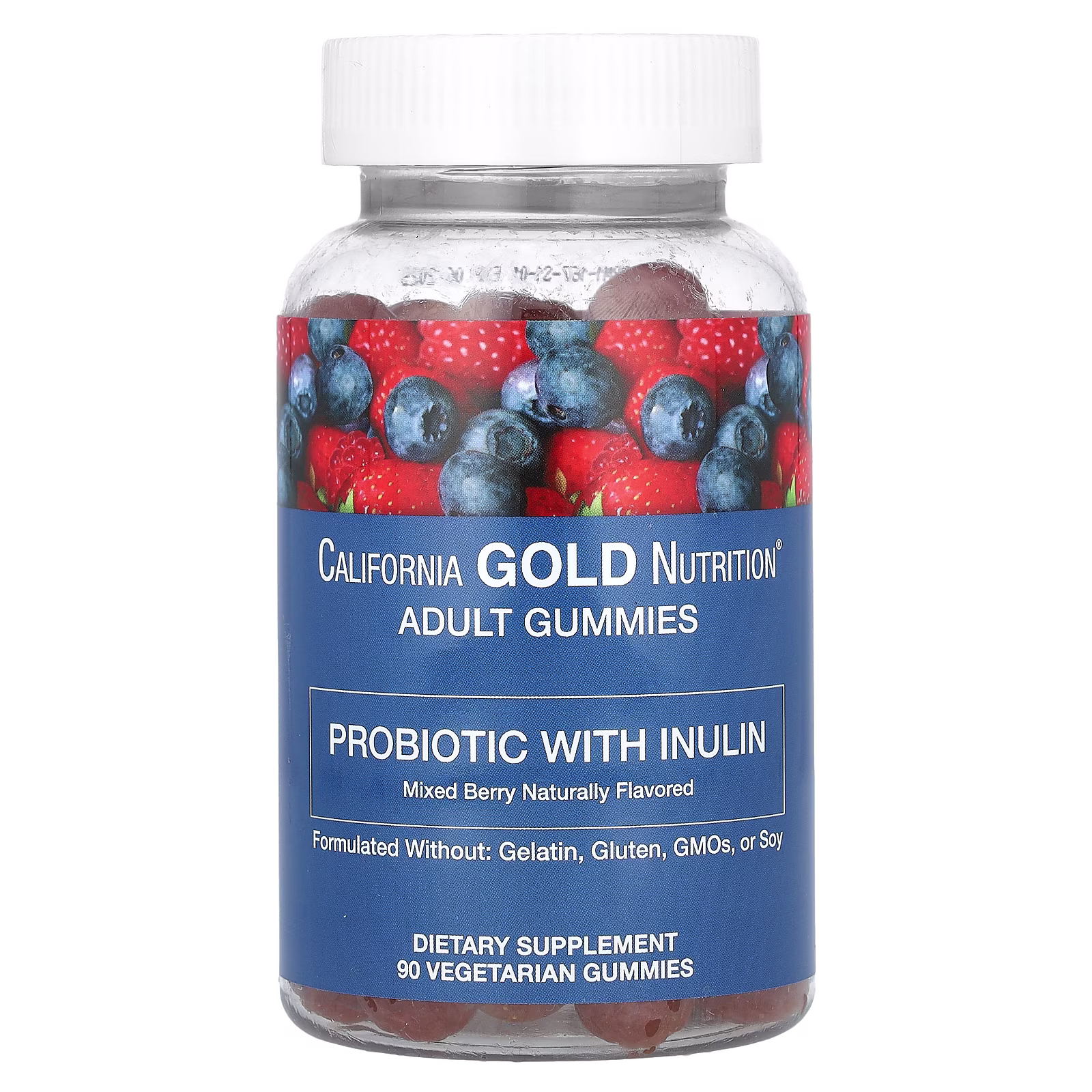 Gomitas de probióticos e inulina con mezcla de extractos de bayas, folato, vitamina C e inulina orgánica, Sabor natural a bayas mixtas, 90 gomitas vegetales, California Gold Nutrition