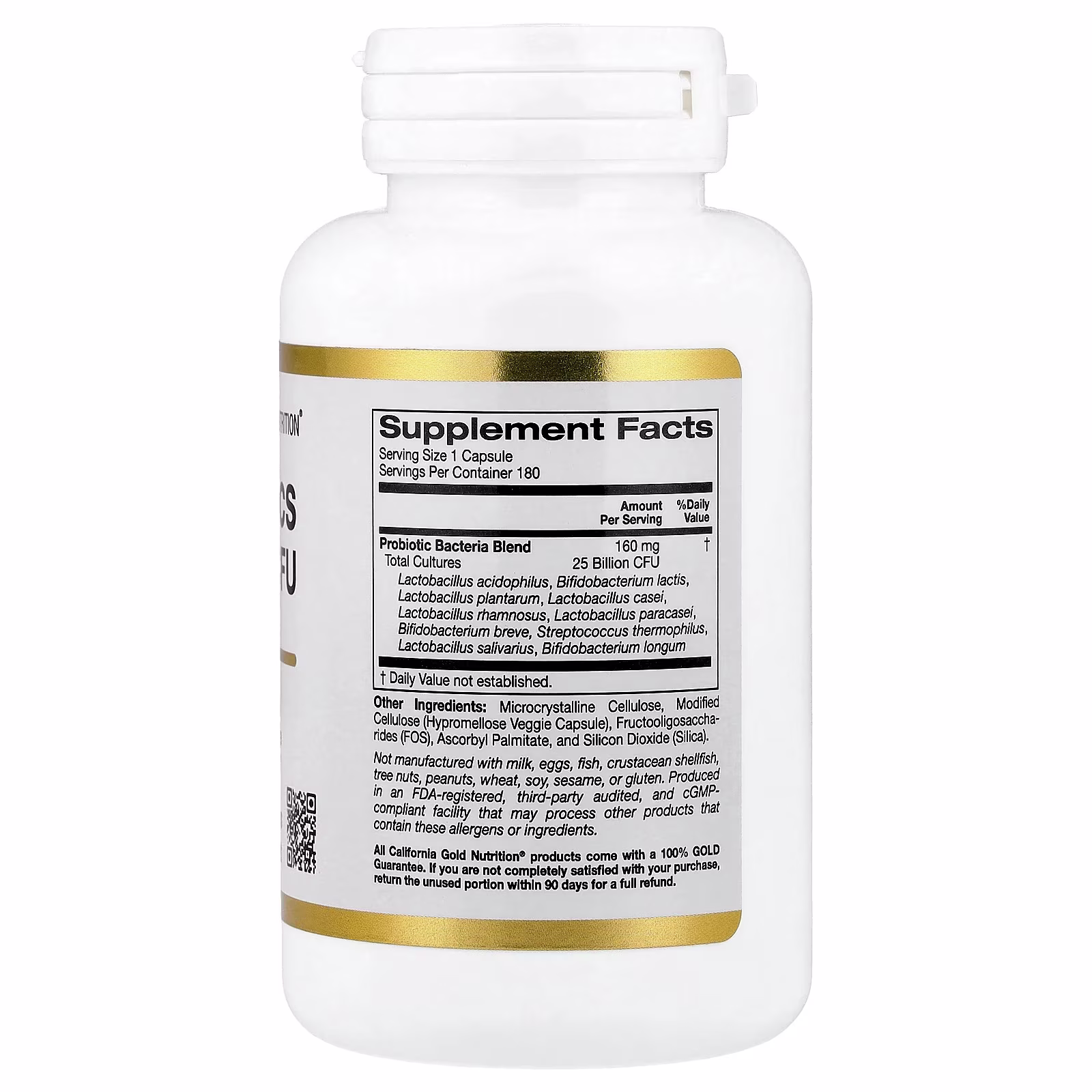 Probiotics with Lactobacillus acidophilus, 10 cepas, Lactobacillus acidophilus, plantarum, casei y Bifidobacterium lactis, 25 mil millones de UFC, 180 cápsulas vegetales, California Gold Nutrition