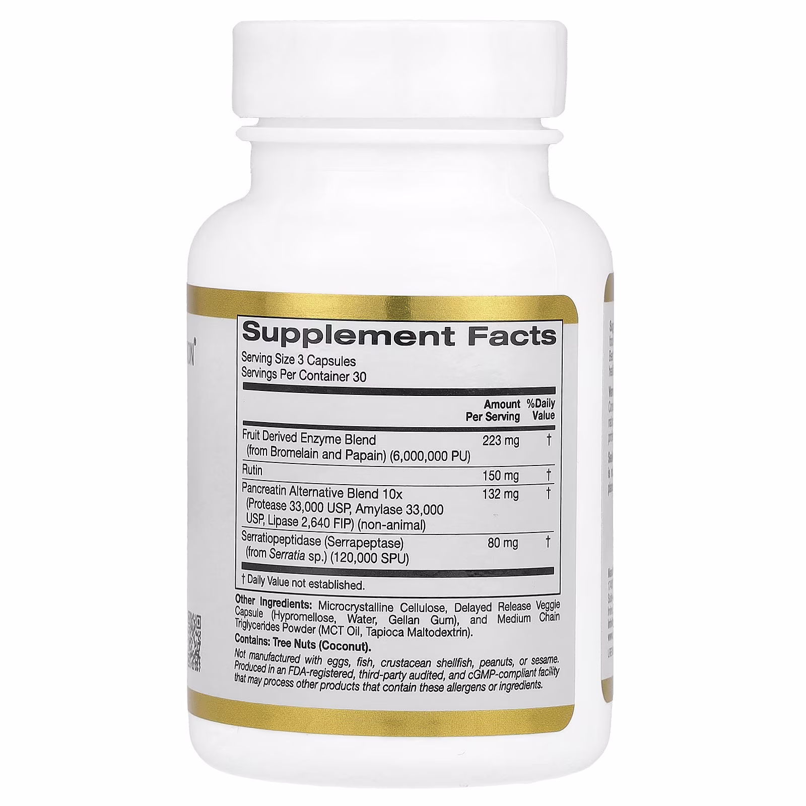 Suplemento de enzimas proteolíticas con mezcla de enzimas derivadas de frutas, rutina, mezcla alternativa de pancreatina y serratiopeptidasa, 90 cápsulas vegetales de liberación retardada, California Gold Nutrition