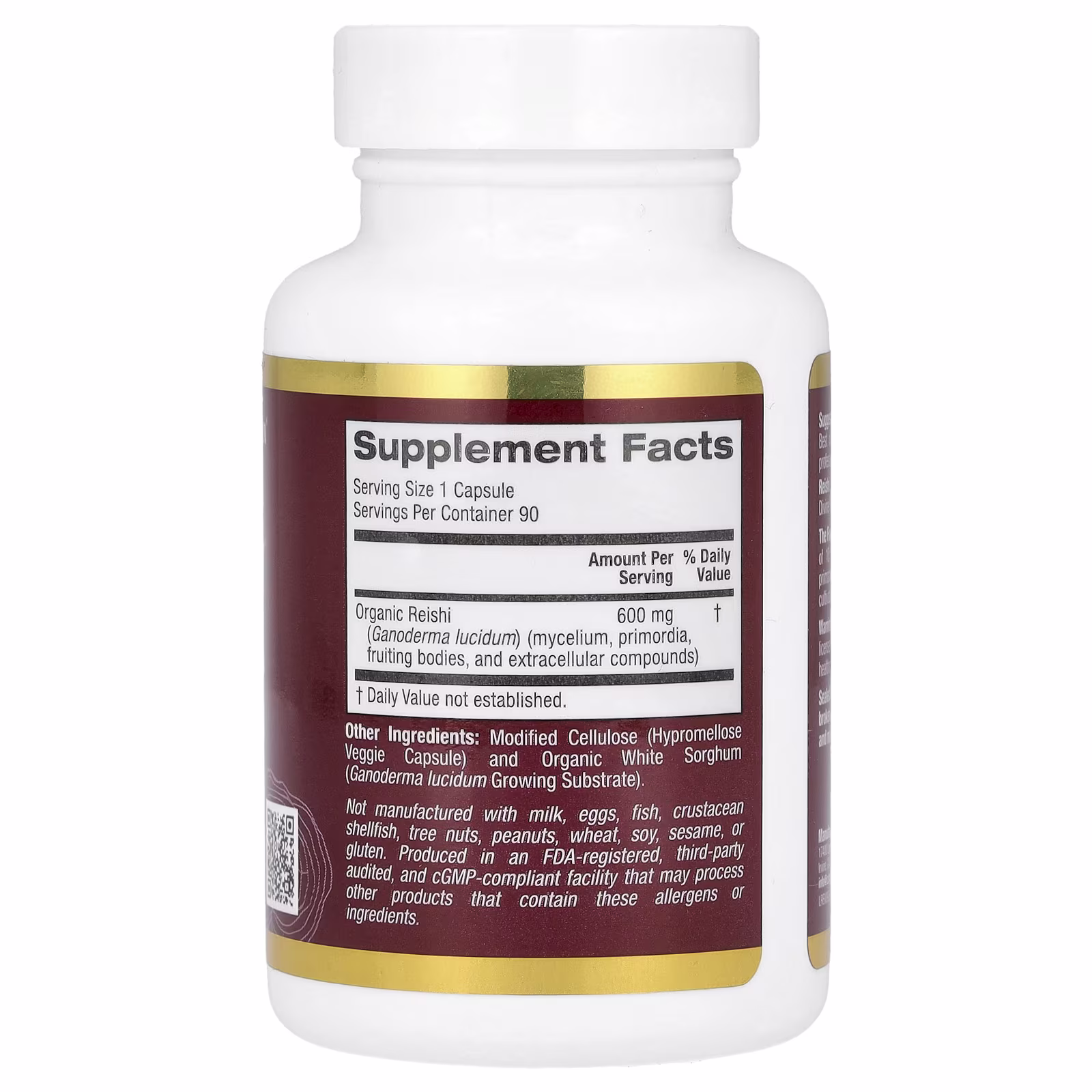 Reishi (Ganoderma lucidum), Espectro completo, Producto orgánico certificado, 90 cápsulas vegetales (600 mg por cápsula vegetal), California Gold Nutrition