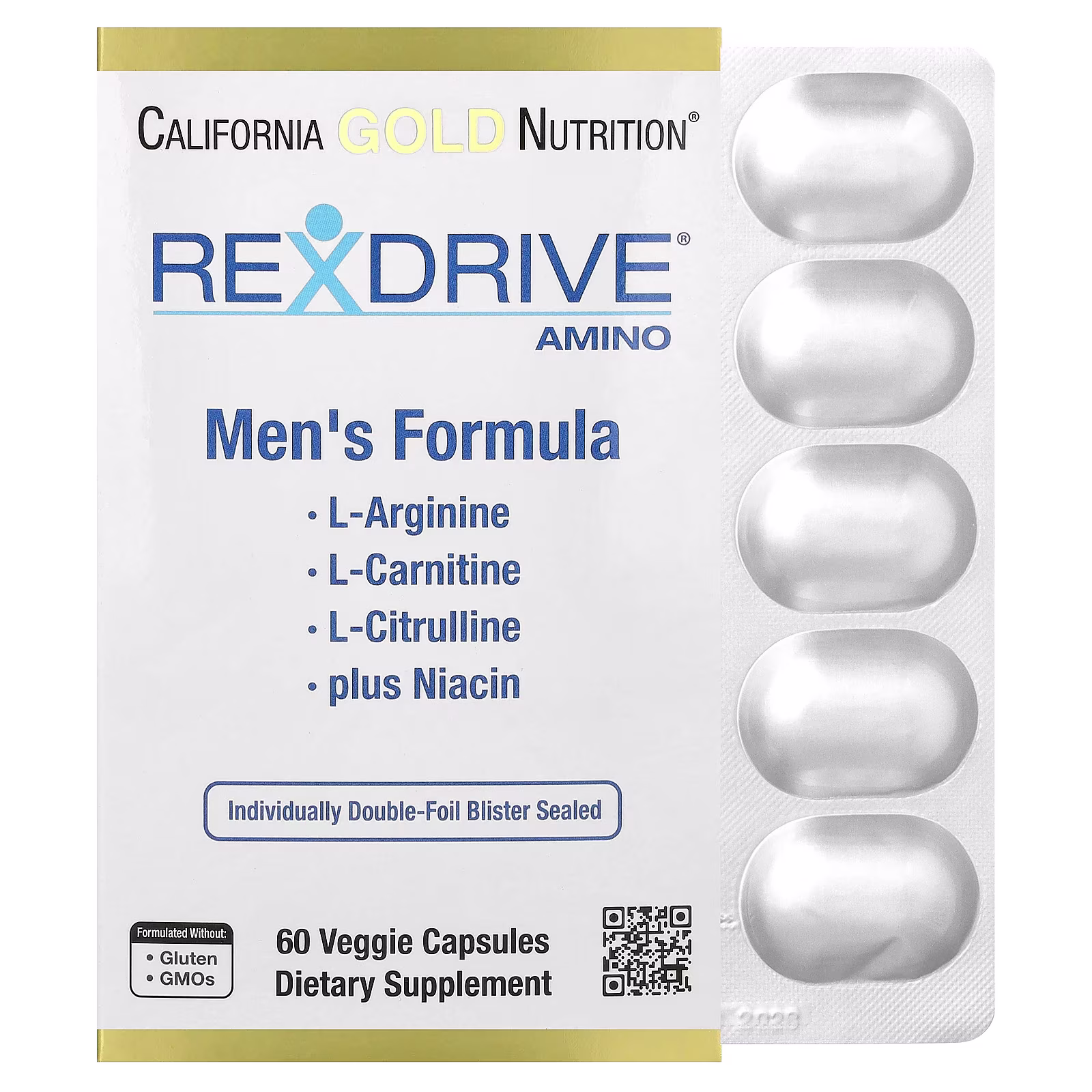 Rexdrive® Amino, Fórmula para hombres con clorhidrato de L-arginina, L-citrulina, diclorhidrato de arginato de acetil-L-carnitina y clorhidrato de glicina propionil-L-carnitina, 60 cápsulas vegetales, California Gold Nutrition