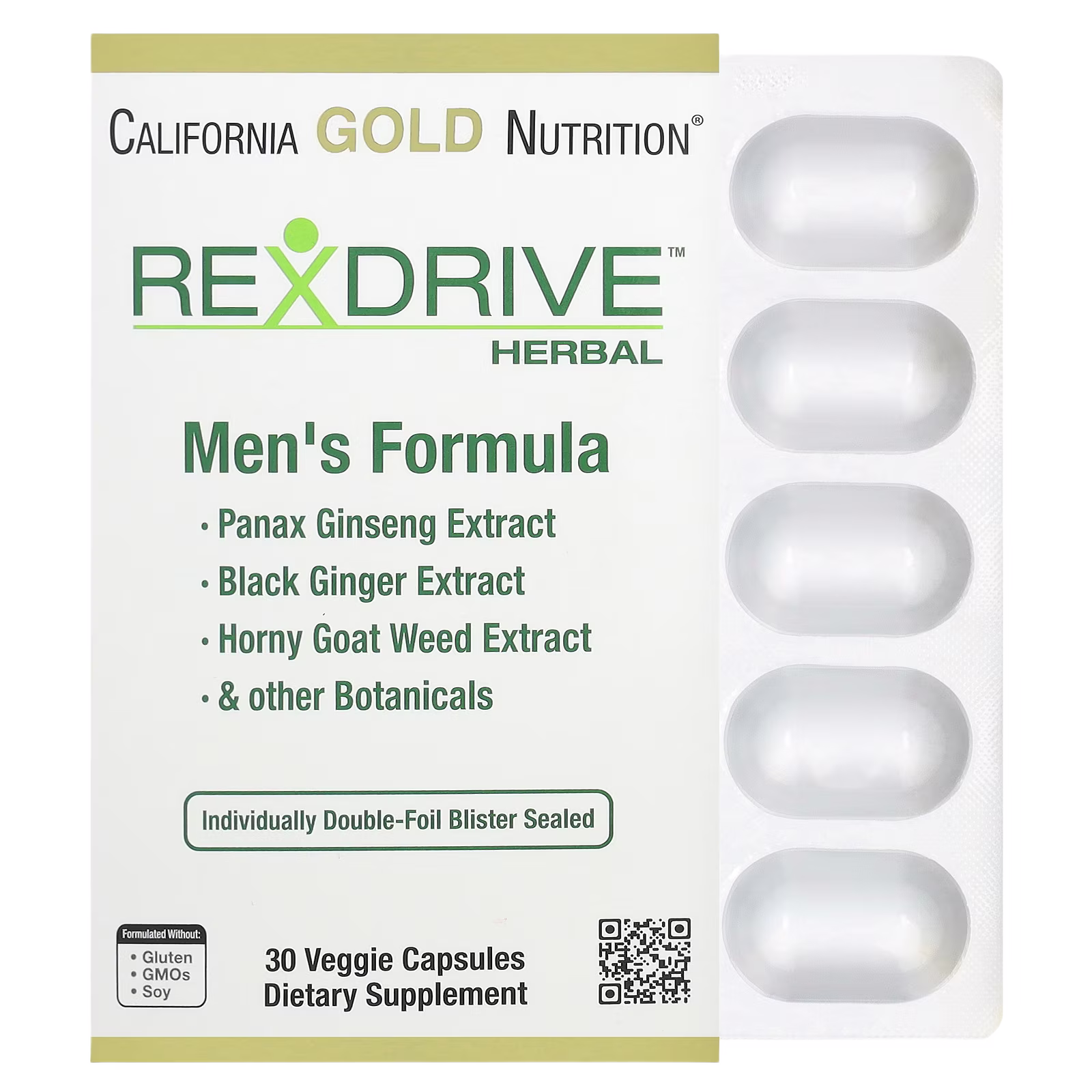 Rexdrive™, Fórmula herbal para el rendimiento masculino con extractos de Panax ginseng, jengibre negro y hierba de cabra en celo, más mezclas botánicas, 30 cápsulas vegetales, California Gold Nutrition