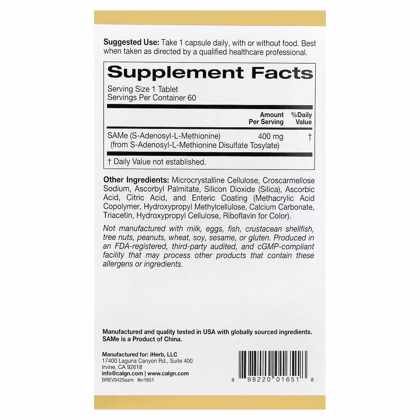 SAMe, Tosilato de disulfato, 400 mg, 60 tabletas con recubrimiento entérico, California Gold Nutrition