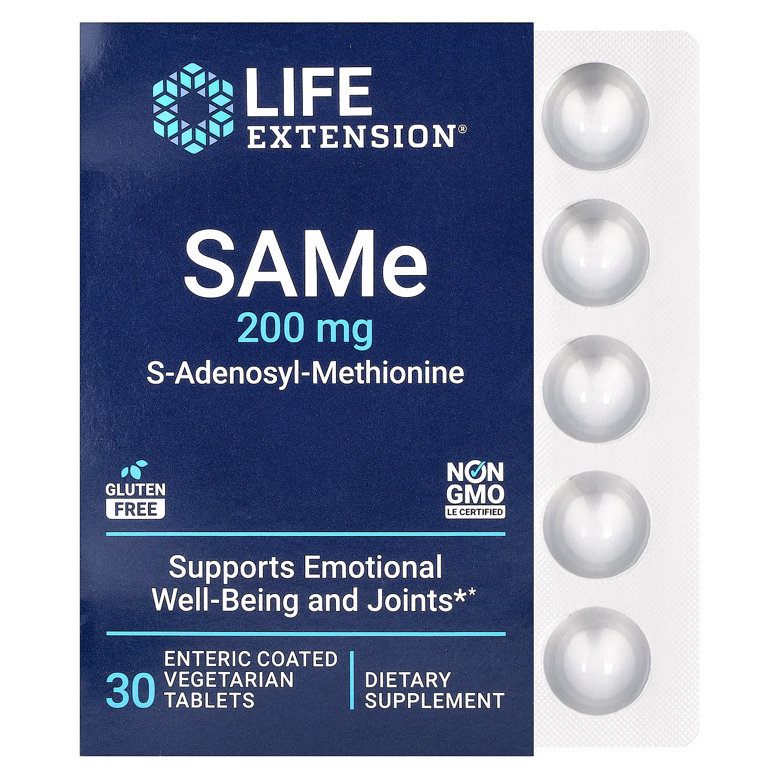 SAMe S-Adenosil-Metionina, 200 mg, 30 tabletas vegetales con recubrimiento entérico, Life Extension
