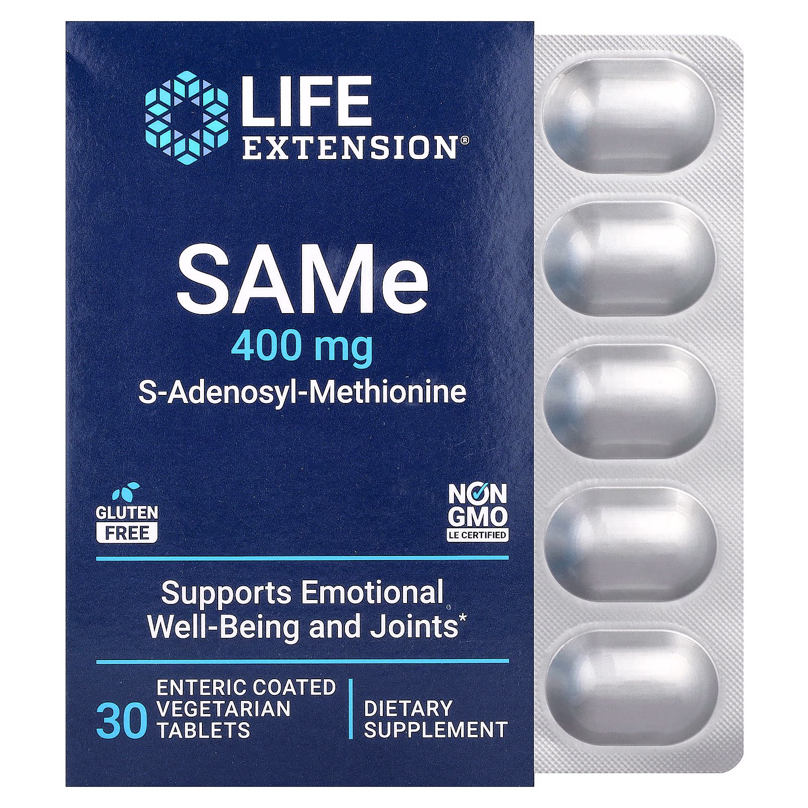 SAMe S-Adenosil-L-Metionina, 400 mg, 30 tabletas vegetales con recubrimiento entérico, Life Extension
