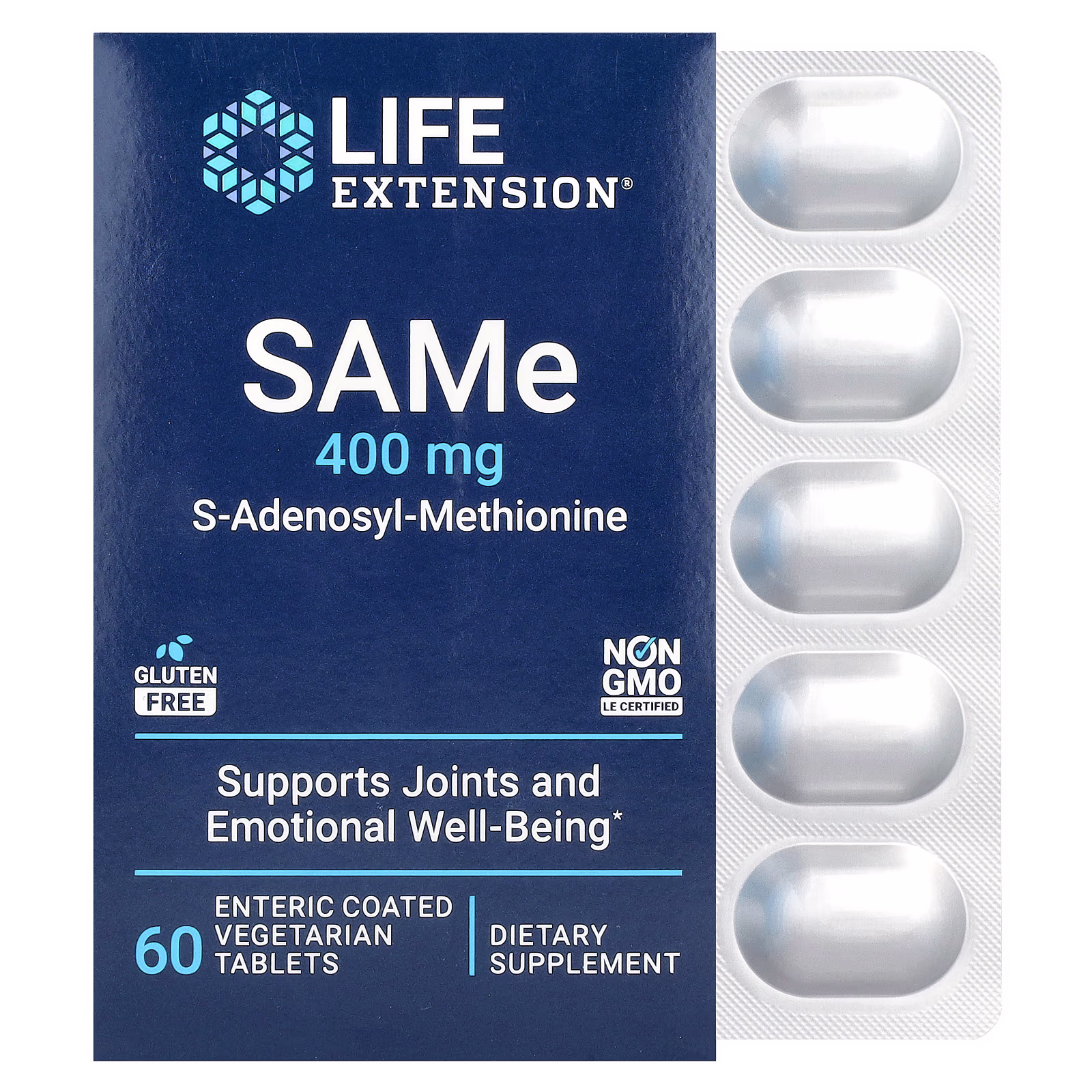 SAMe S-Adenosil-L-Metionina, 400 mg, 60 tabletas vegetales con recubrimiento entérico, Life Extension