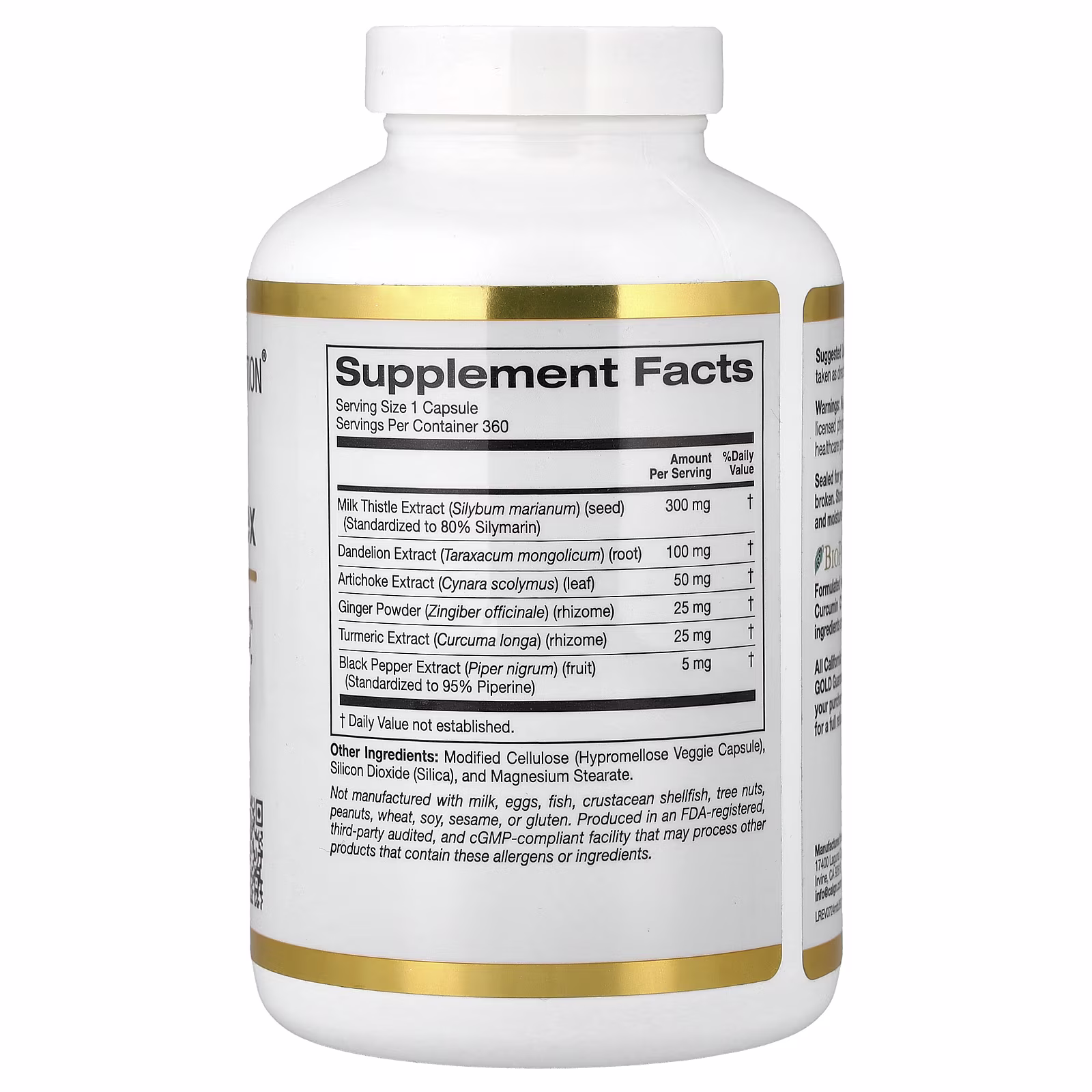 Silymarin Complex with Milk Thistle Extract Plus Dandelion, alcachofa, jengibre y BioPerine®, 360 cápsulas vegetales, California Gold Nutrition