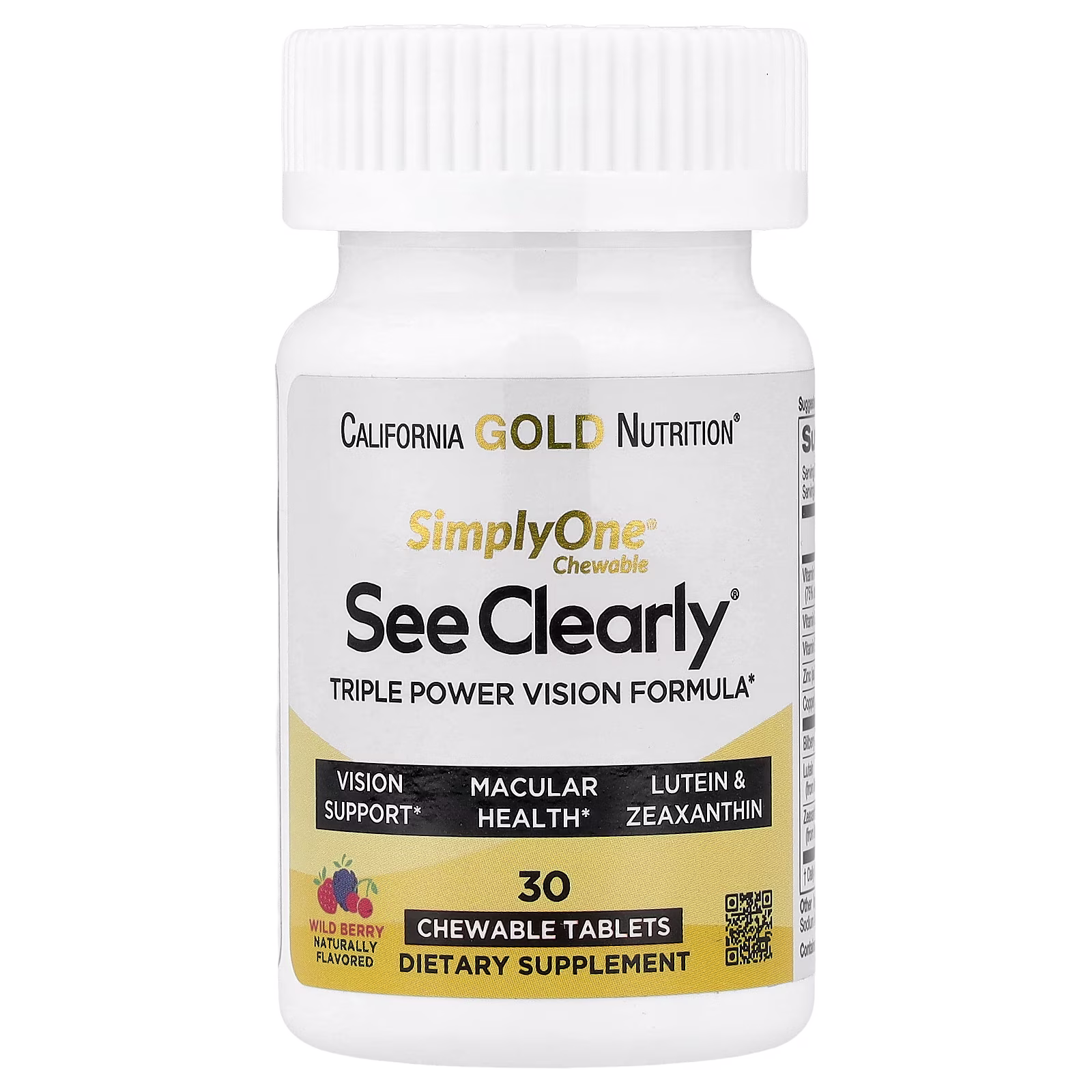 SimplyOne®, SimplyOne®, See Clearly, Fórmula de triple potencia para la visión con luteína, zeaxantina, vitaminas, minerales y extractos botánicos, Bayas silvestres, 30 tabletas masticables, California Gold Nutrition