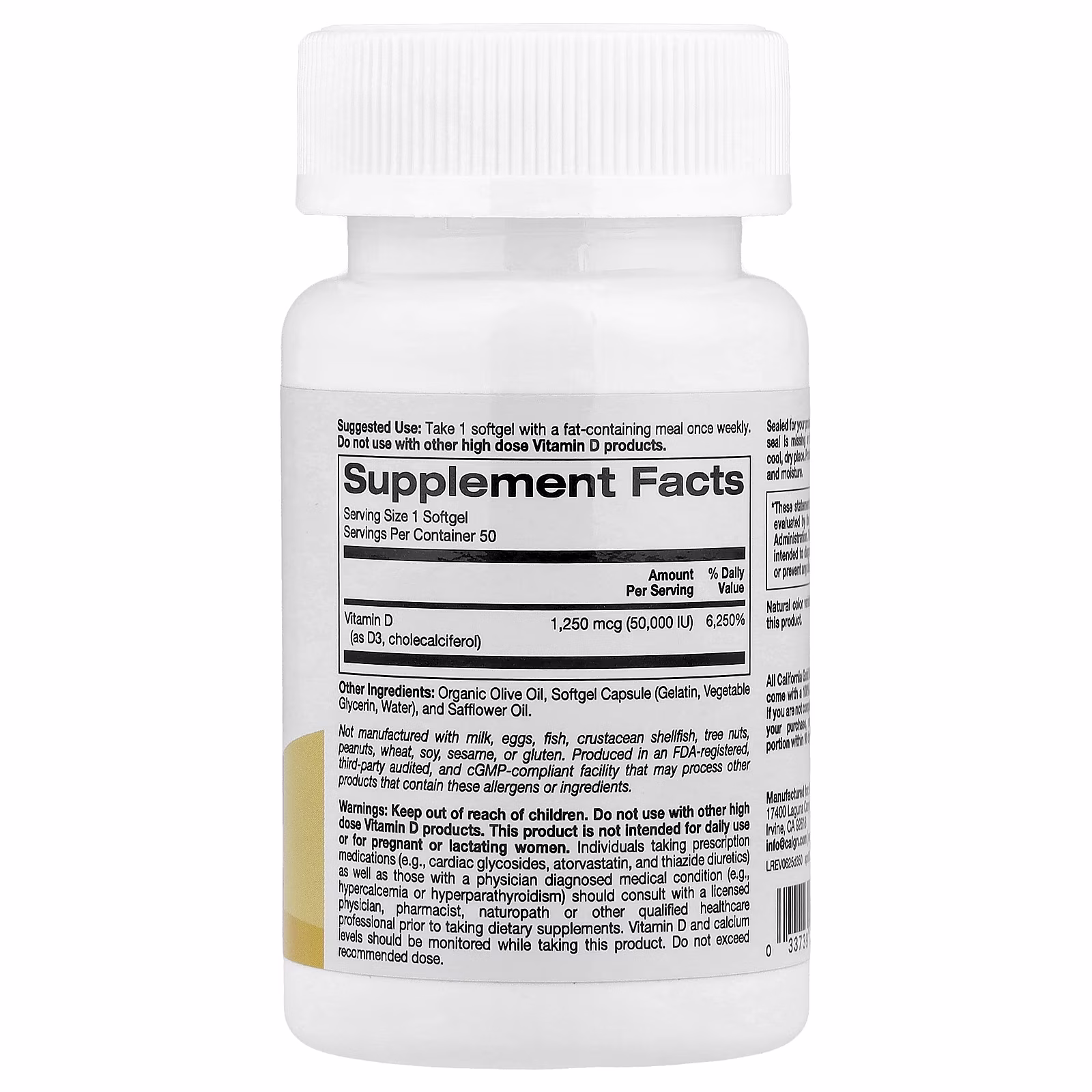 SimplyOne®, Vitamina D3, 1250 mcg (50.000 UI), 50 cápsulas blandas, California Gold Nutrition