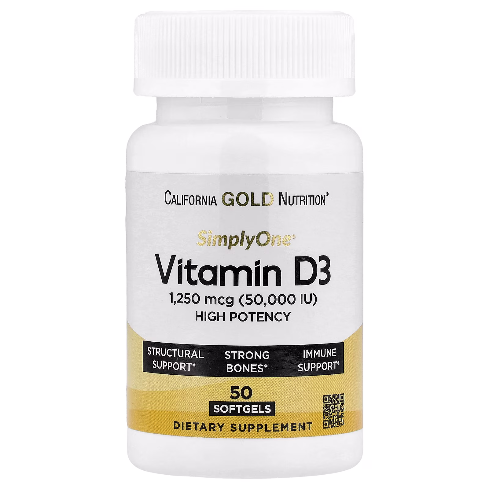 SimplyOne®, Vitamina D3, 1250 mcg (50.000 UI), 50 cápsulas blandas, California Gold Nutrition