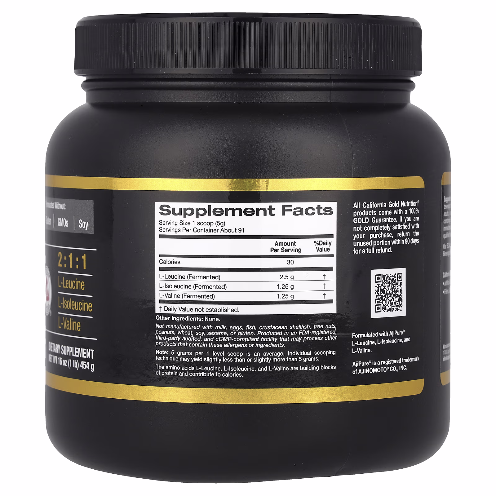 Sport, BCAA en polvo, Aminoácidos de cadena ramificada AjiPure® 1 con L-leucina, L-isoleucina y L-valina, 454 mg (1 lb), California Gold Nutrition