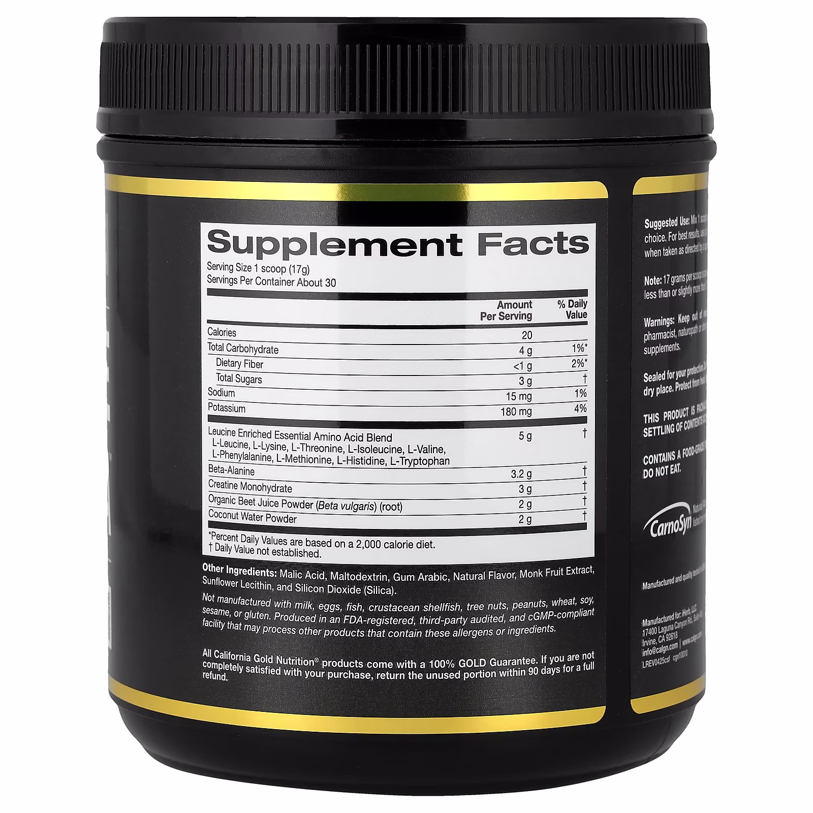 Sport, Creatine Sports Formula™, Suplemento de creatina con mezcla de aminoácidos, beta-alanina, zumo de remolacha y coco, 514 g (1,13 lb), California Gold Nutrition