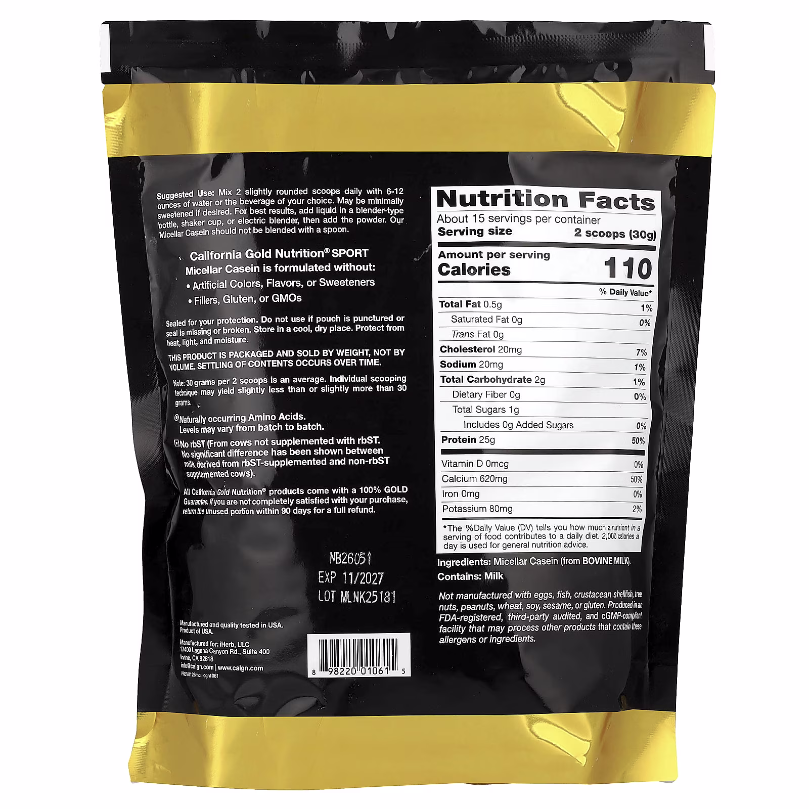 Sport, Caseína micelar, Sin sabor, De absorción lenta, 454 g (16 oz), California Gold Nutrition