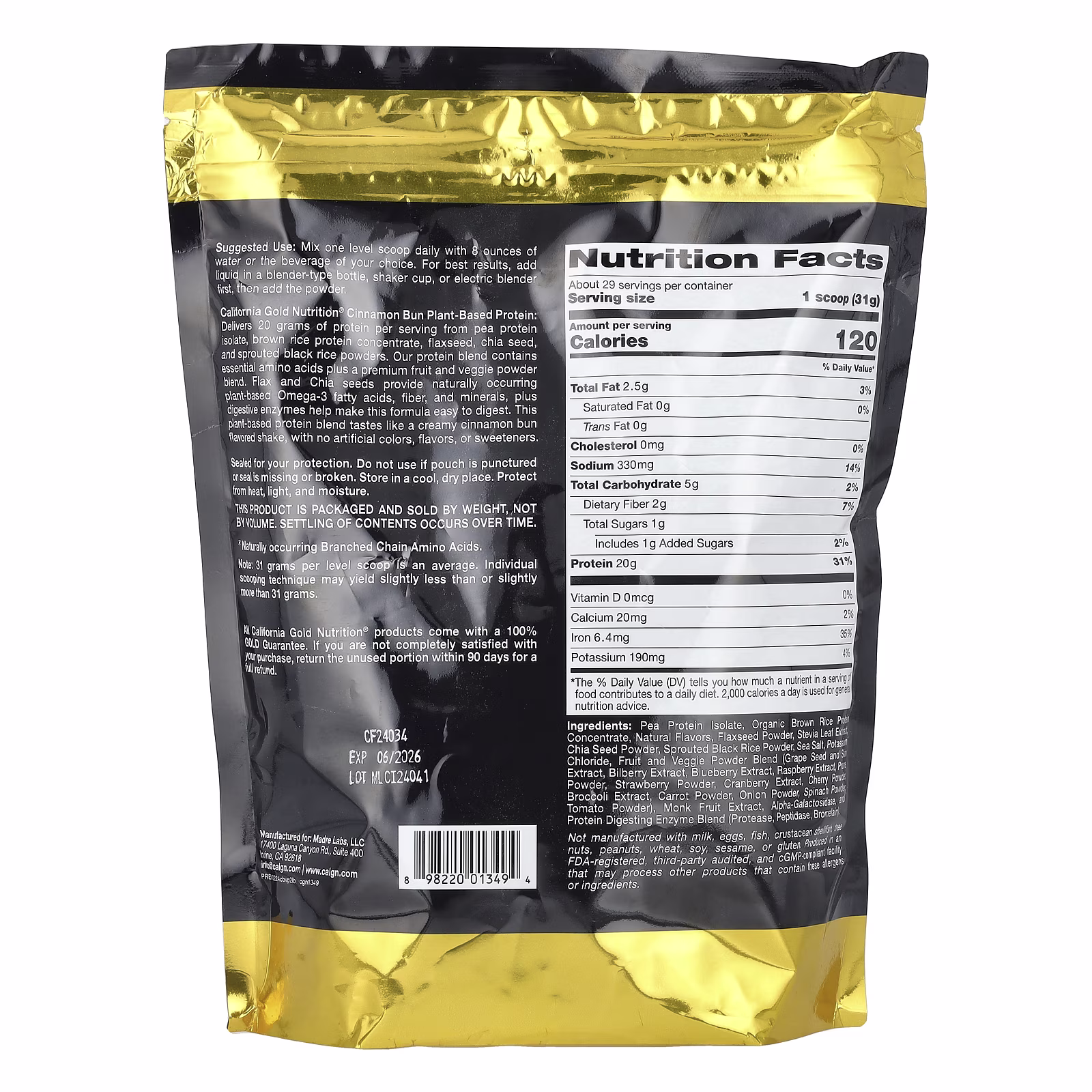 Sport, Proteína de origen vegetal con concentrado de proteína de arroz integral orgánico, semillas de linaza y semillas de chía, Chocolate, 907 g (2 lb), California Gold Nutrition