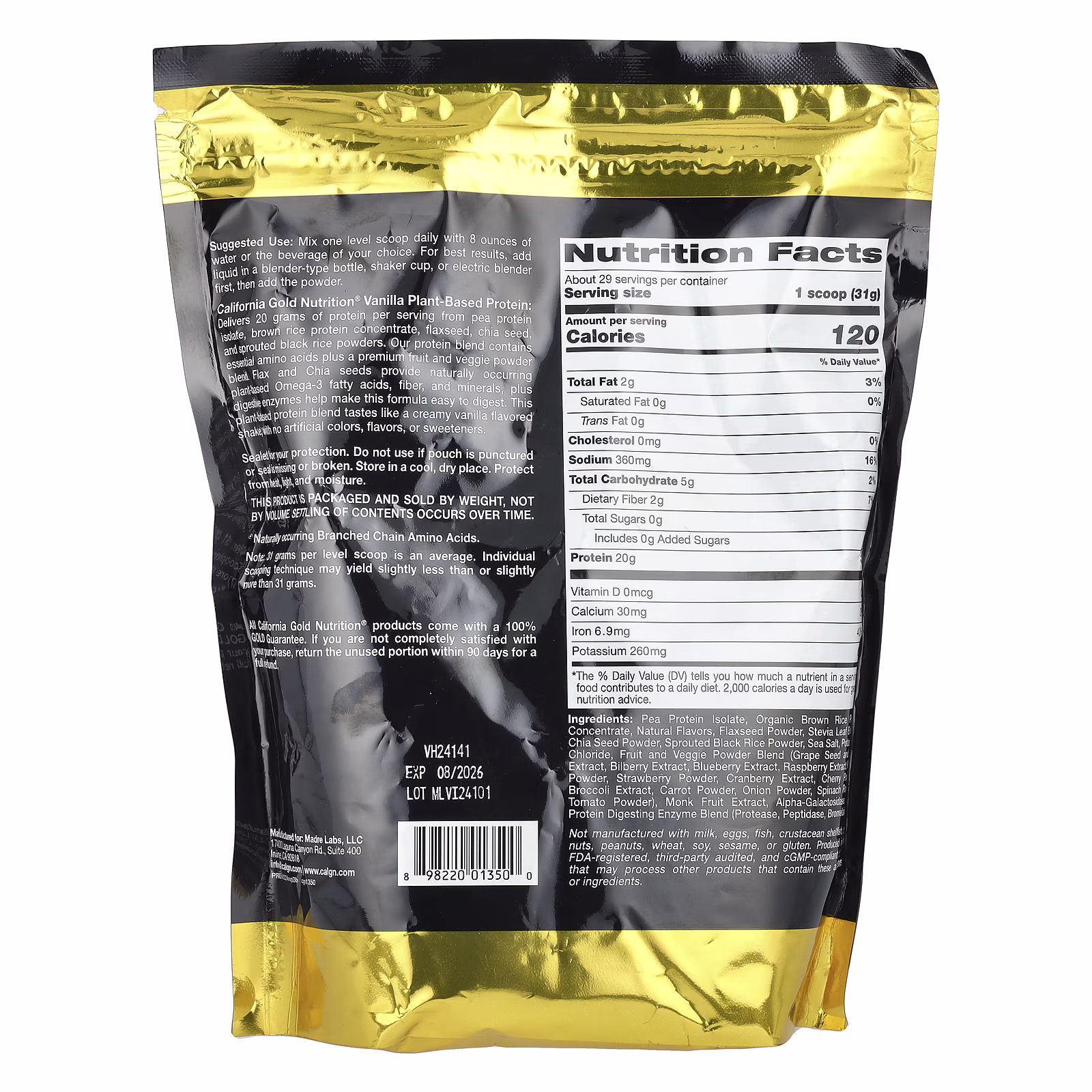 Sport, Proteína vegana con aislado de proteína de guisante y proteína de arroz integral, Vainilla, 907 g (2 lb), California Gold Nutrition