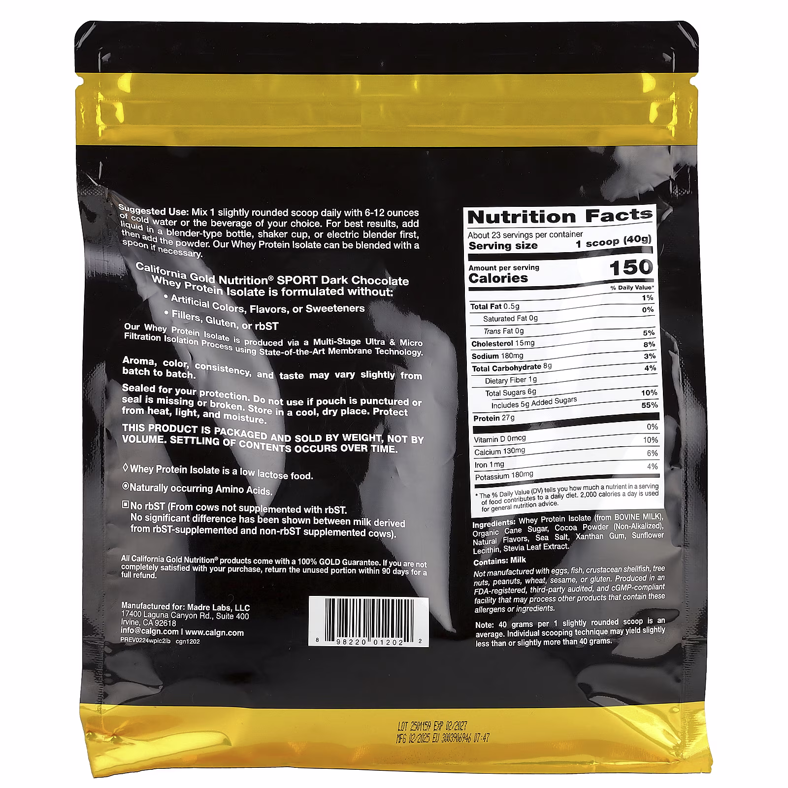 Sport, Aislado de proteína de suero de leche, Chocolate negro, 907 g (2 lb), California Gold Nutrition