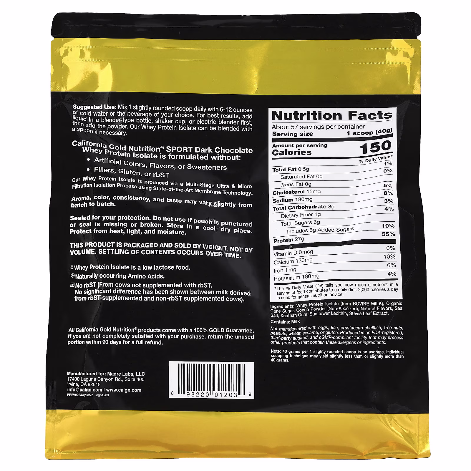 Sport, Aislado de proteína de suero de leche, Chocolate negro, 2,27 kg (5 lb), California Gold Nutrition