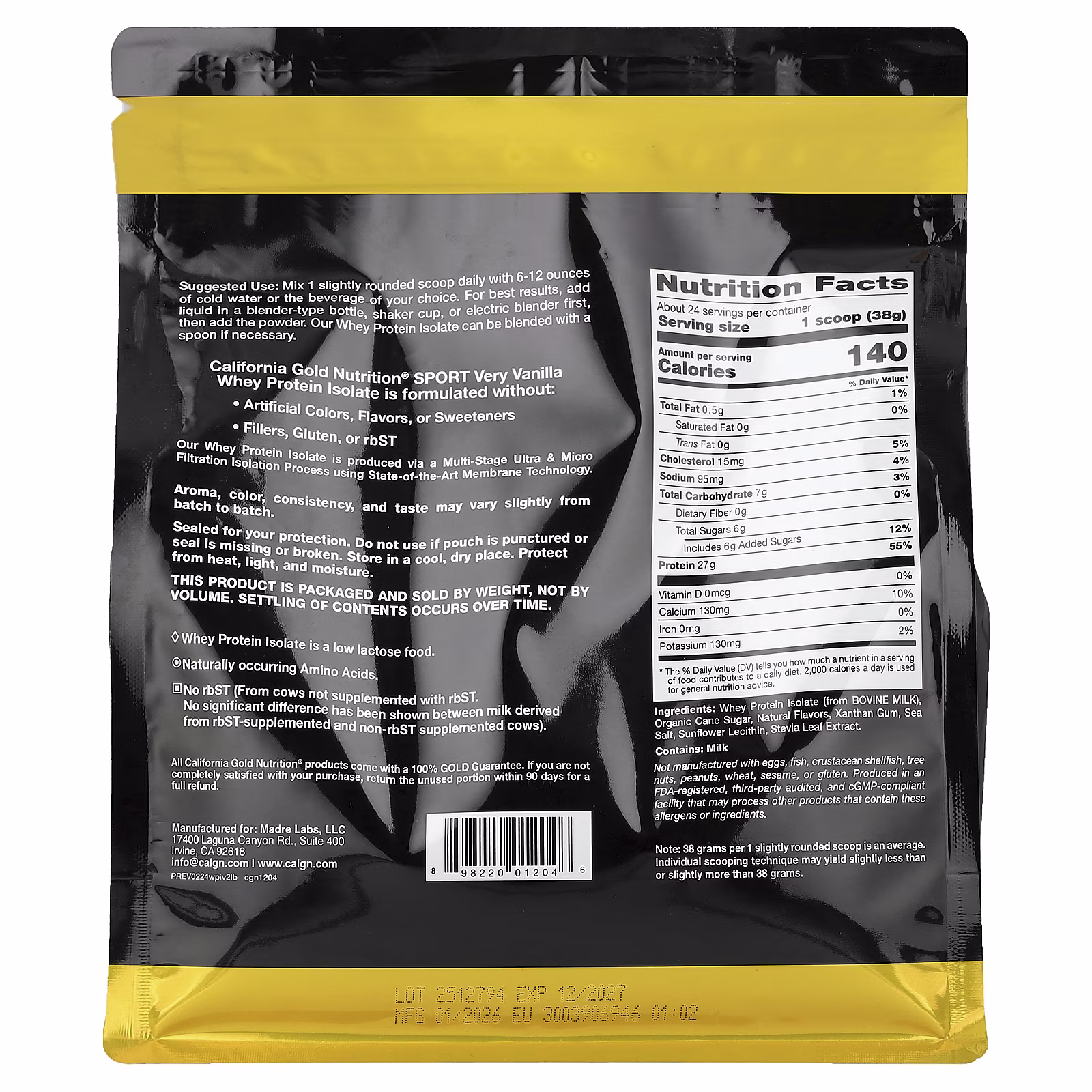 Sport, Aislado de proteína de suero de leche con azúcar de caña orgánico con lecitina de girasol, Sabor a vainilla, 907 g (2 lb), California Gold Nutrition