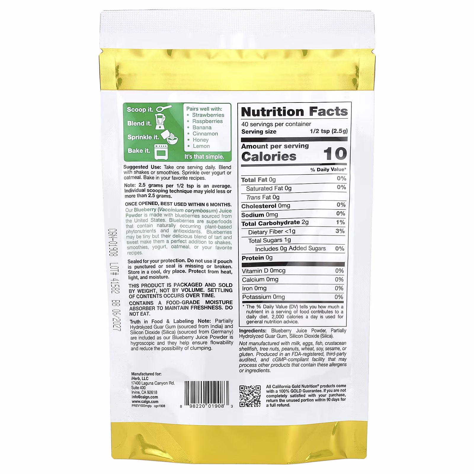 Superfoods, Zumo de arándano azul en polvo, 100 g (3,53 oz), California Gold Nutrition