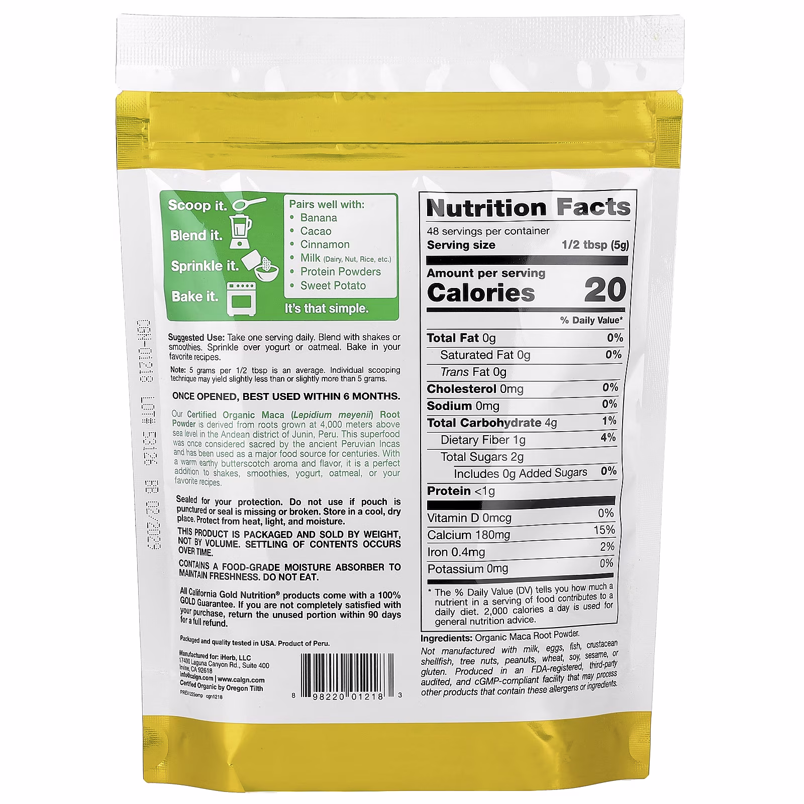 Superfoods, Raíz de maca peruana orgánica certificada en polvo, 240 g (8,5 oz), California Gold Nutrition
