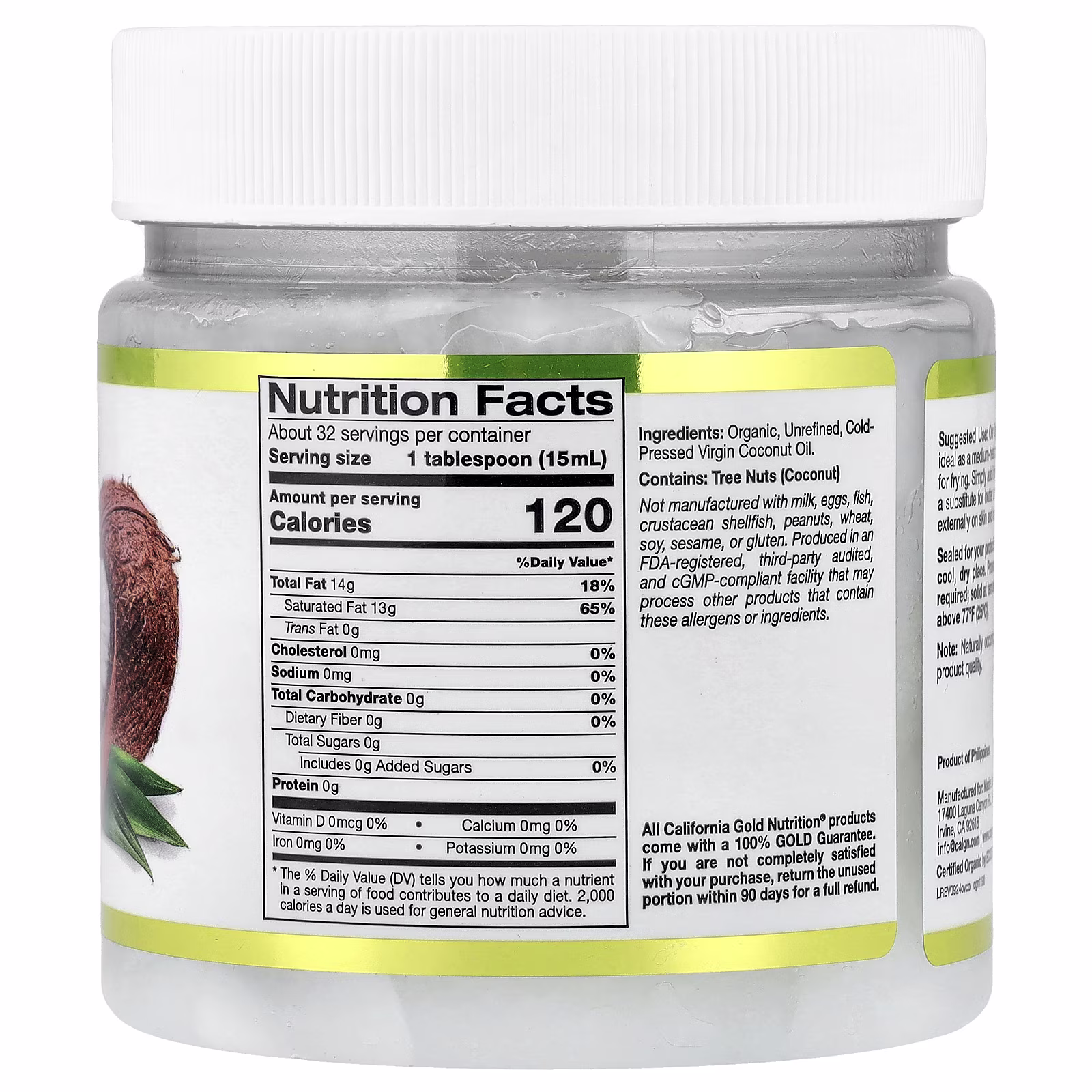 Superfoods, Aceite de coco extra virgen orgánico prensado en frío, 473 ml (16 oz. líq.), California Gold Nutrition