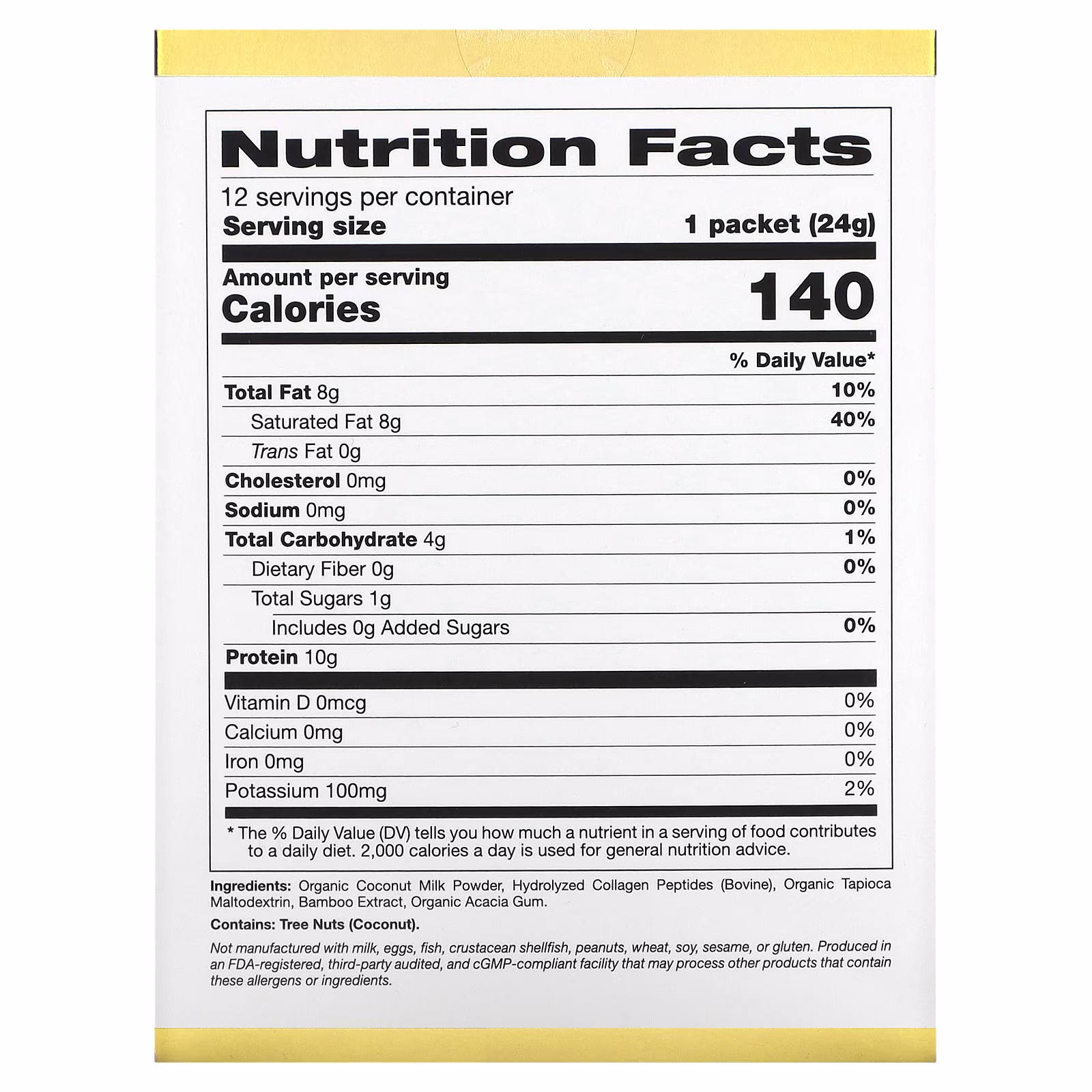 Superfoods, Sustituto de crema de coco con colágeno y leche de coco orgánico en polvo, péptido de colágeno hidrolizado, Sin endulzar, 12 sobres de 24 g (0,85 oz) cada uno, California Gold Nutrition